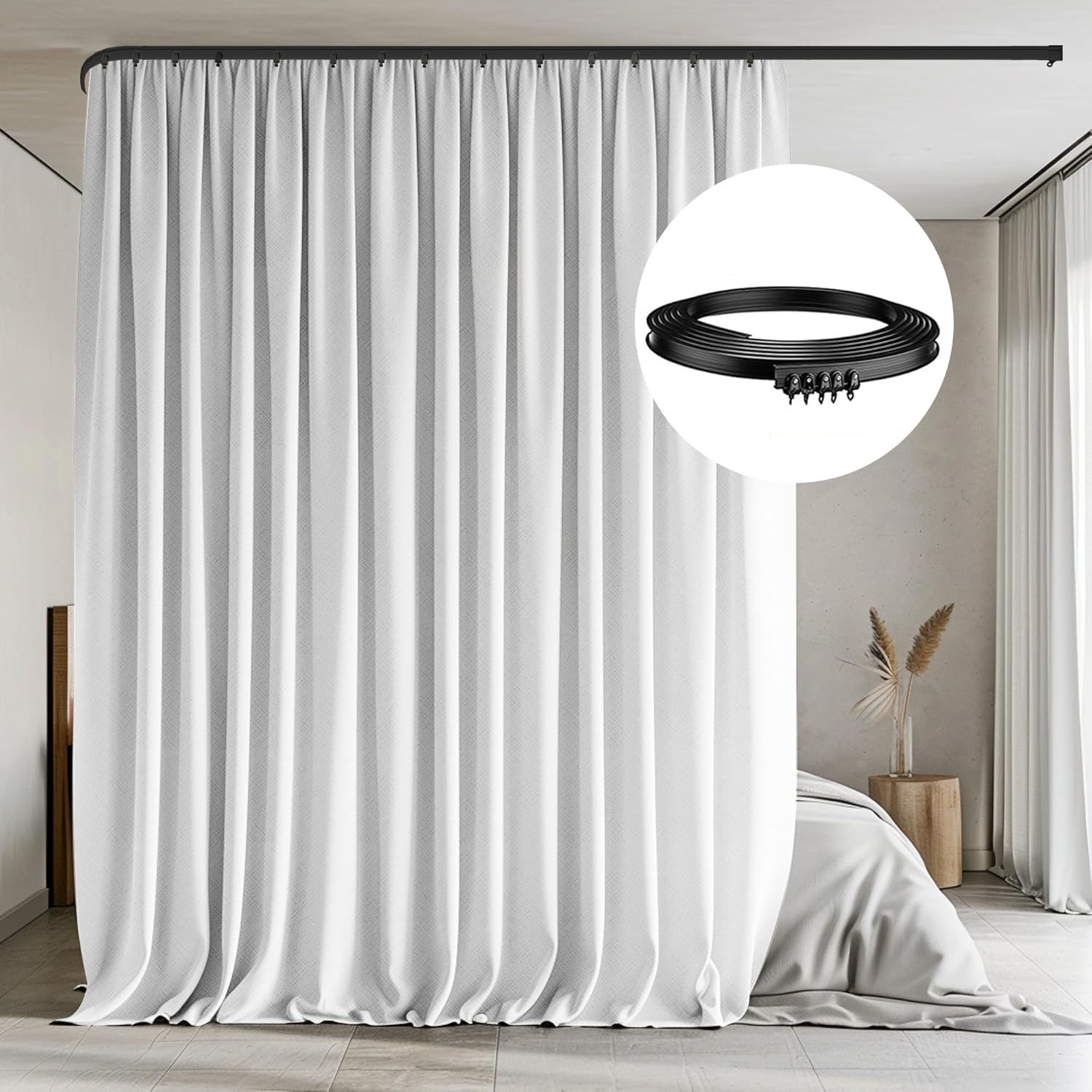 Room Divider Curtains with Flexible Ceiling Tracks Set,Blackout Curtain Ceiling Mount Curtain Track Privacy Room Dividers Ceiling Track Curtain Rod(Black Drape & Black Rail W 8.3 × H 8 FT)
