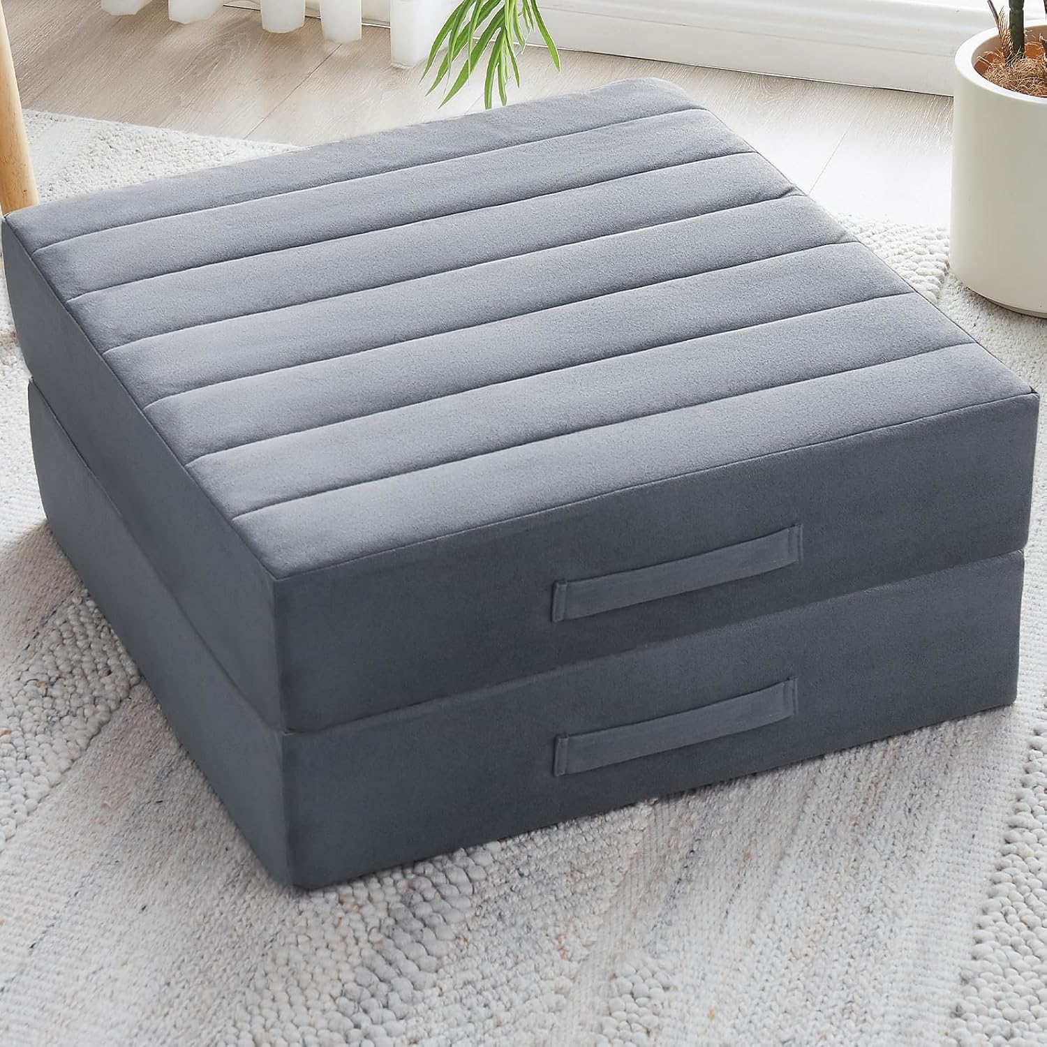 2 Pcs High Density Foam Floor Pillow - Upgraded Large Pillows Seating for Adults - Outdoor Floor Cushion with Soft Tufted Cover - Yoga Pillows for Sitting On Floor - 22 Inch Grey