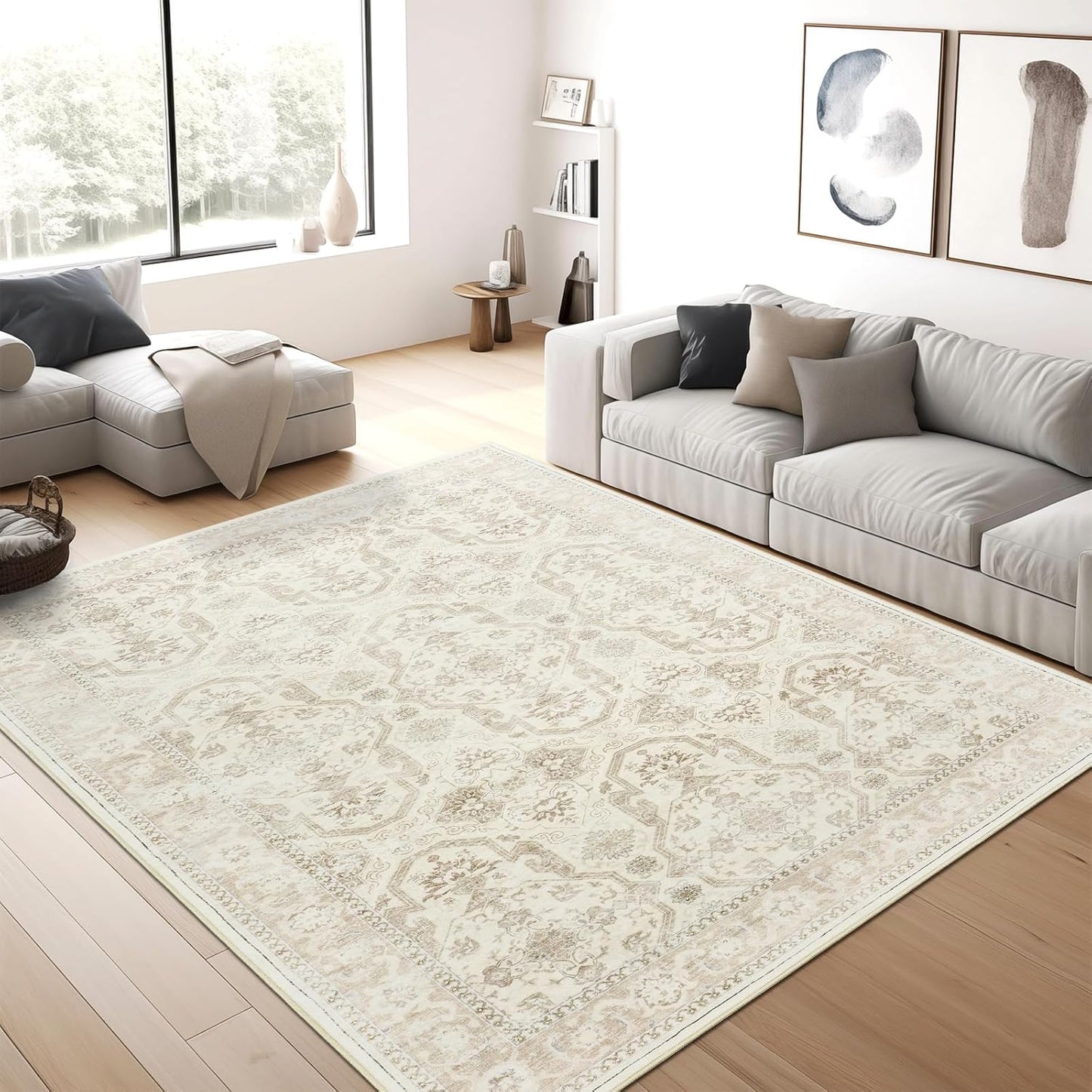 9x12 Area Rugs for Living Room, Non Slip Machine Washable Vintage Rugs, Low Pile Lightweight Large Rug for Bedroom, Dining Room, Home Office Beige