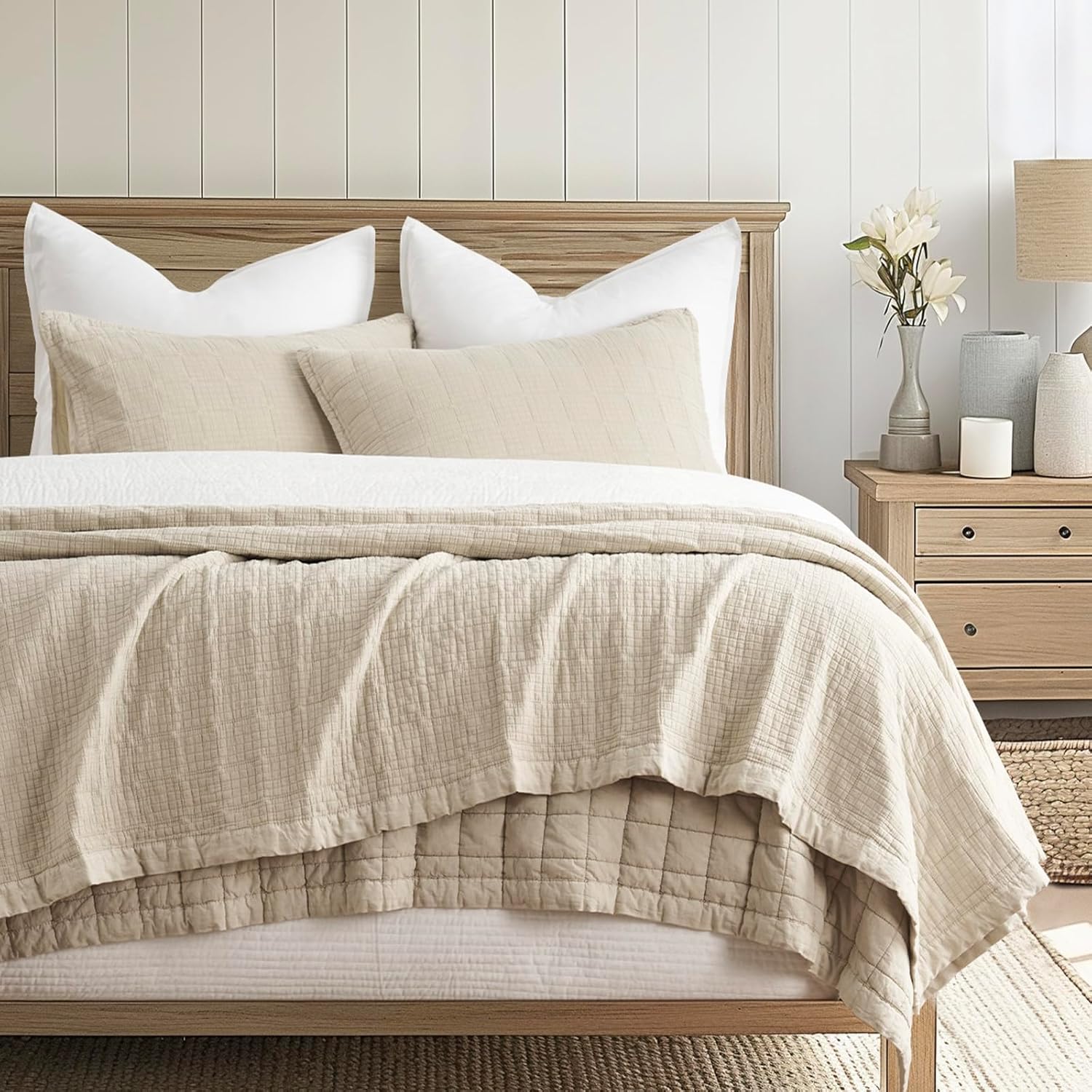 EVERGRACEHOME Stonewashed Cotton Quilt Set King Size, Ultra Soft Oversized Bedspread Coverlet Set, Lightweight Crinkle Box Stitch Bedding Sets for All Season, with 2 Shams, Mocha Brown