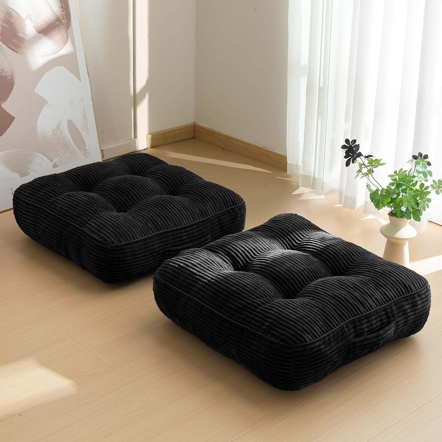 Washable Floor Pillow Cushion for Adults, Meditation Cushion Pillow, Large Square Floor Sitting, Removable Tufted Corduroy Cover, for Tatami Living Room or Yoga, 22x22 Inch, 2Pack, Machine Washable