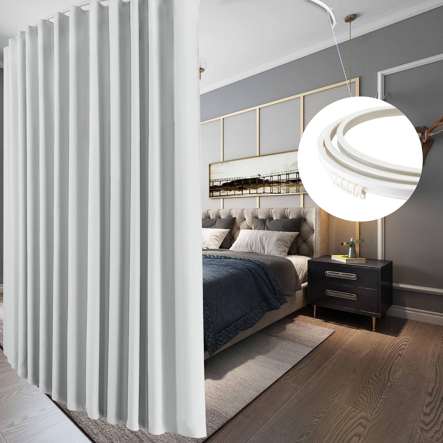 RYB HOME Blackout Room Divider Curtains with Flexible Track Ceiling&Wall Mount, Thermal Insulated Extra Wide Long Track Curtains with Hooks for Living Room, W100 x L84 inch Long, 1 Panel, Black