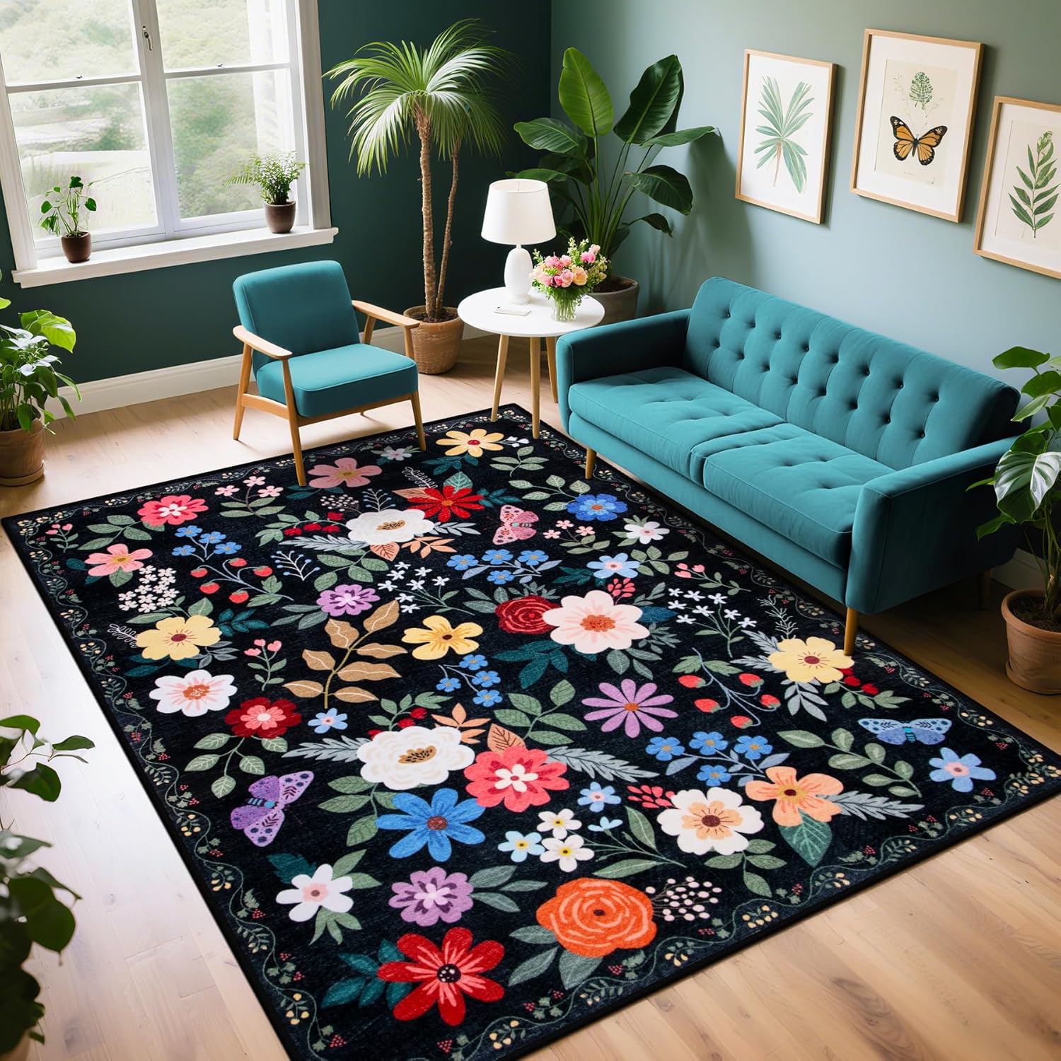 8x10 Area Rugs for Living Room: Floral Washable Rug Vintage Large Soft Boho Non-Slip Carpet Indoor Floor Stain Resistant Carpets for Bedroom Dining Room Farmhouse Nursery Home Office Dark Green