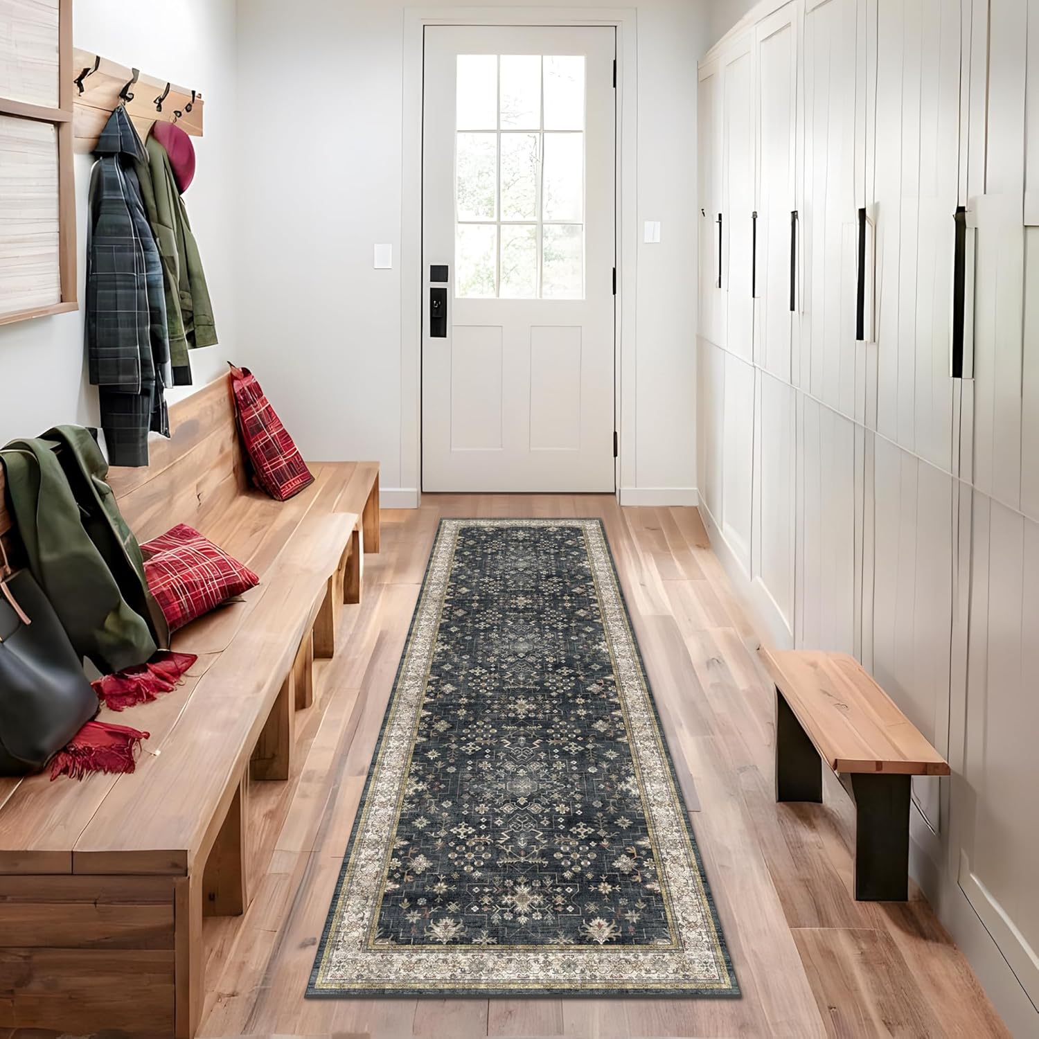 Black Farmhouse Washable 8x10 Area Rugs for Living Room, Bedroom, Dining Room Kitchen Table Rug for Under Table, Office, Dark Charcoal Tumble Stain Resistant Non-Slip Large Washable (8x10 Black/Multi)