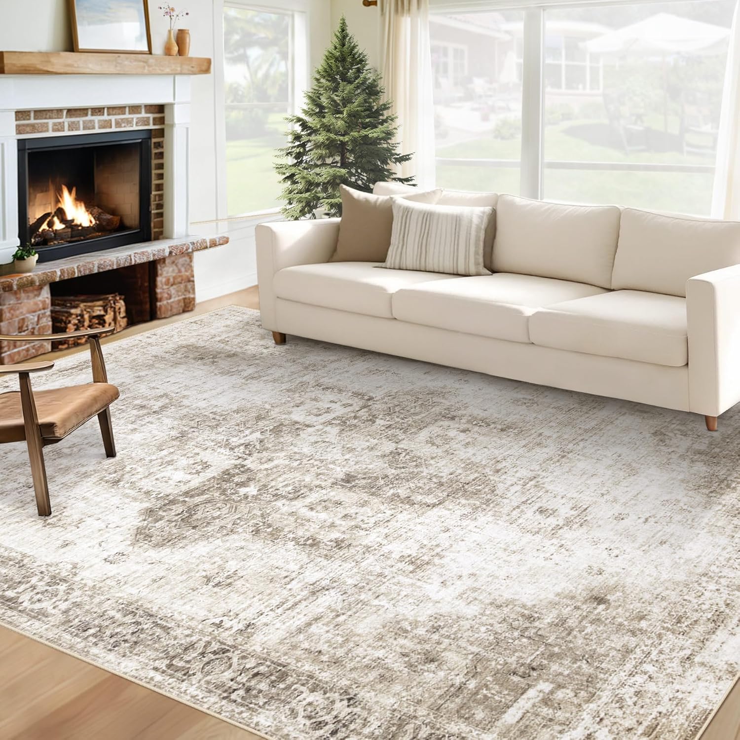 Area Rug 8x10 Washable Rug, Vintage Boho Medallion Rugs Non-Slip Soft Low Pile Large Distressed Rug Indoor Retro Carpet for Living Room Bedroom Dining Room Home Office (Beige, 8'x10')