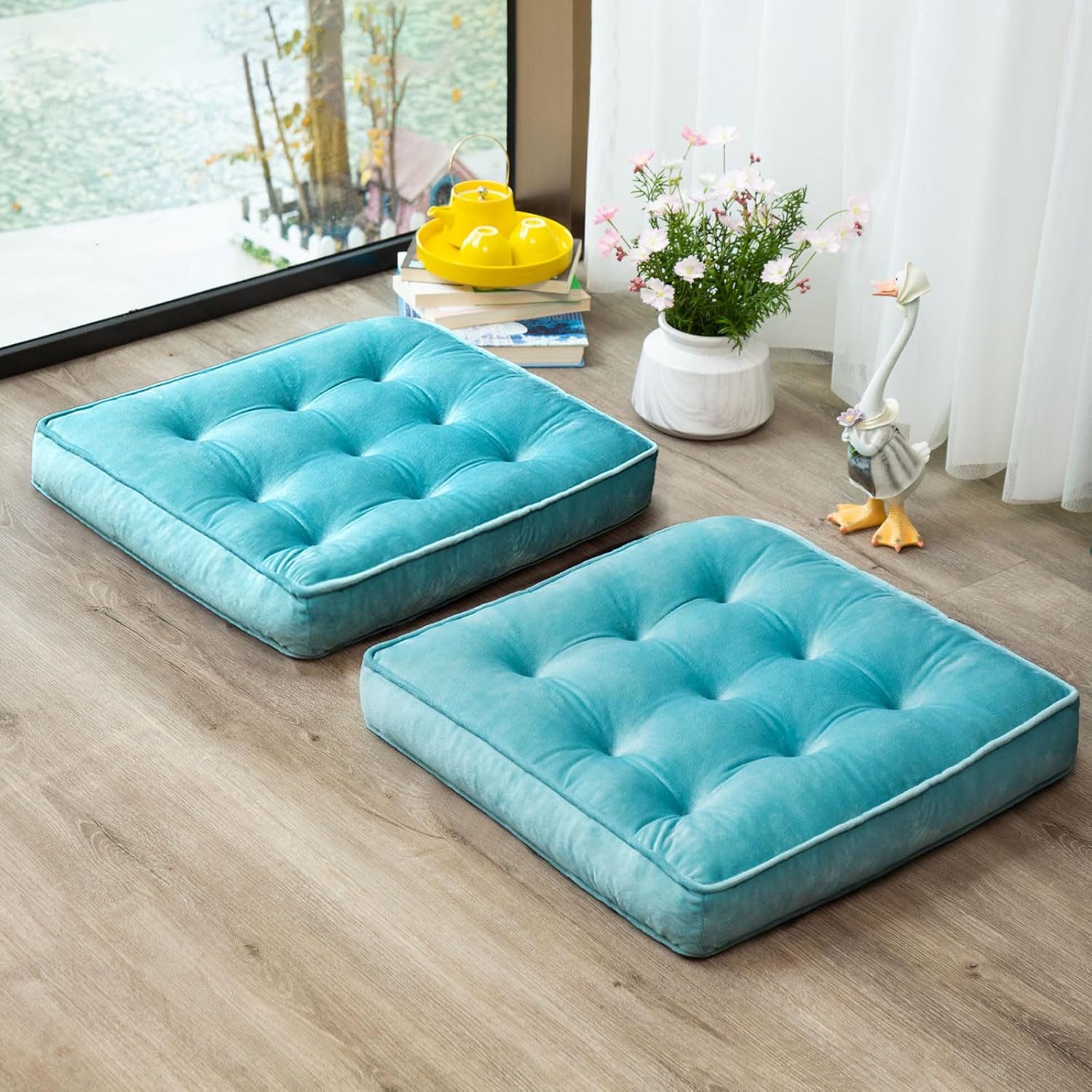 Floor Pillow Set of 4, Memory Foam Meditation Cushion, Floor Cushions for Adults Sitting, Large Square Seat Cushions for Yoga, Living Room, 20x20 Inch (Grey)