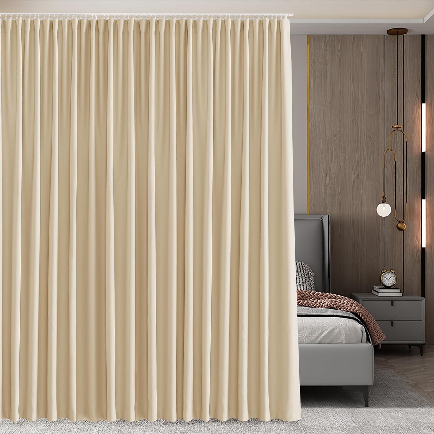 RYB HOME Blackout Room Divider Curtains with Flexible Track Ceiling&Wall Mount, Thermal Insulated Extra Wide Long Track Curtains with Hooks for Living Room, W100 x L84 inch Long, 1 Panel, Black