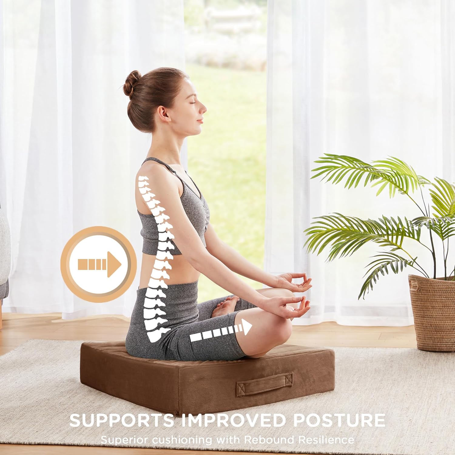 Codi High Density Foam Floor Pillow 2 Sets, 5" Thick Large Meditation Cushions Seating for Adults and Yoga Sitting, Washable Thick Couch Cushion with Soft Tufted Covers - 22 inch Coffee