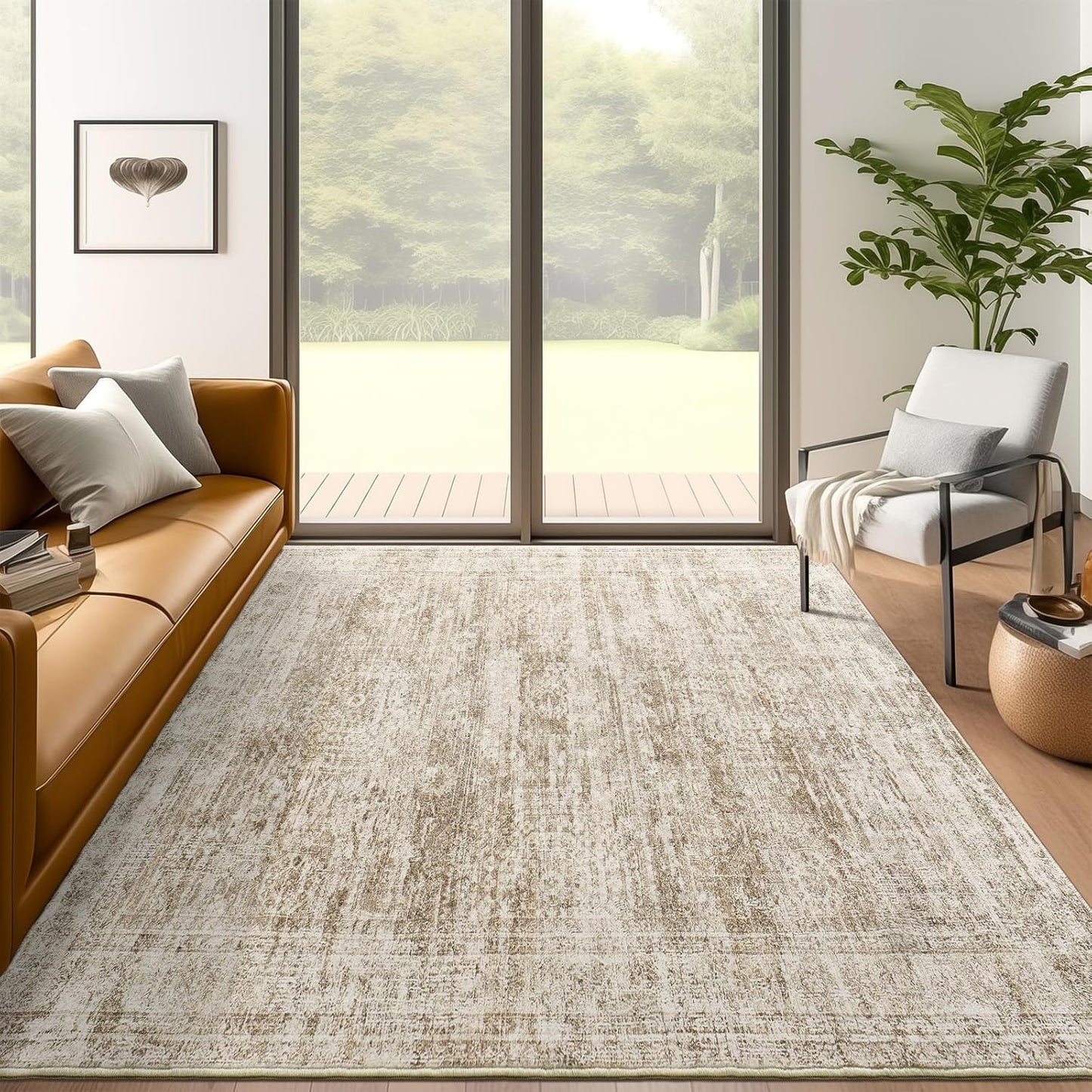 9x12 Area Rugs for Living Room, Non Slip Machine Washable Vintage Rugs, Low Pile Lightweight Large Rug for Bedroom, Dining Room, Home Office Beige