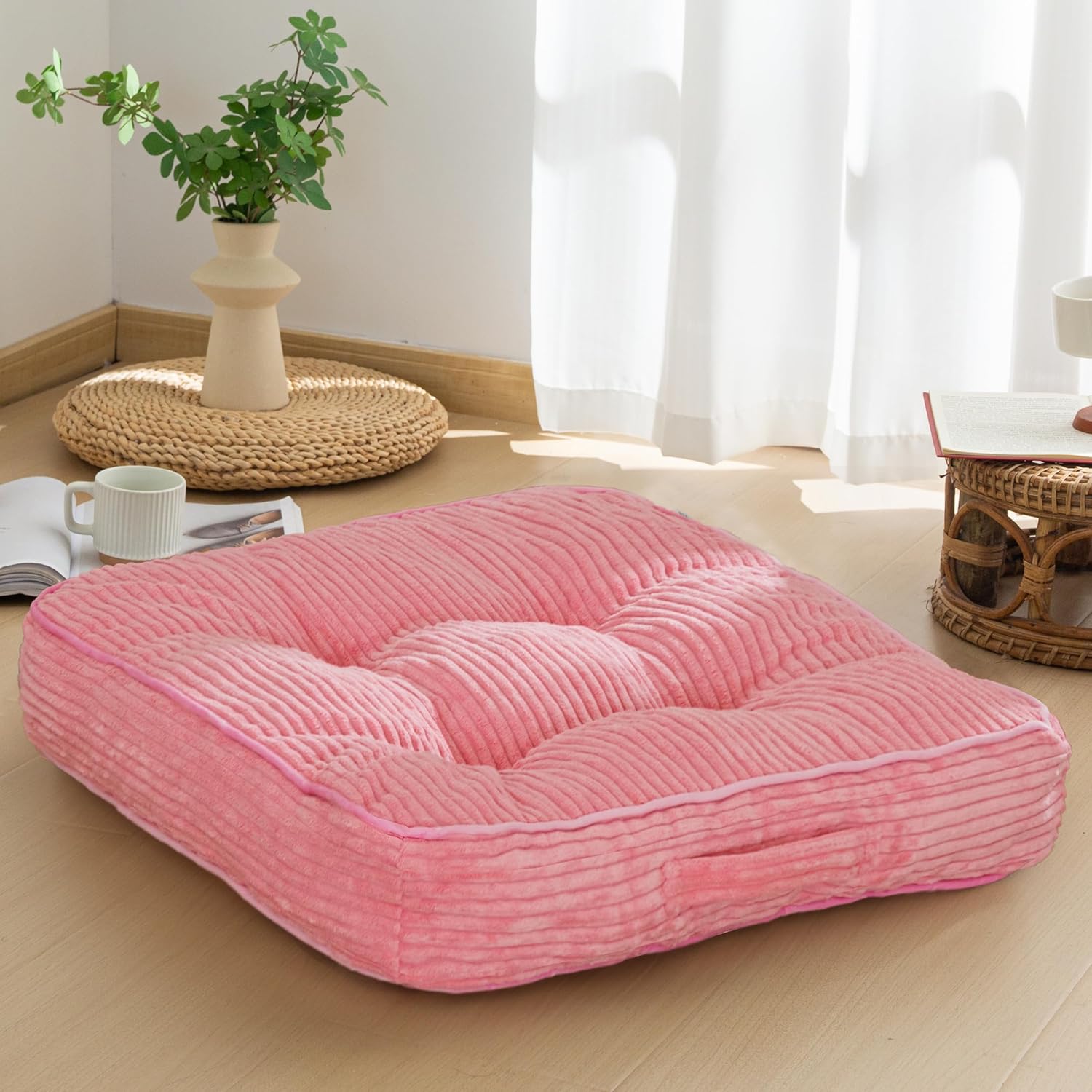 Washable Floor Pillow Cushion for Adults, Meditation Cushion Pillow, Large Square Floor Sitting, Removable Tufted Corduroy Cover, for Tatami Living Room or Yoga, 22x22 Inch, 2Pack, Machine Washable