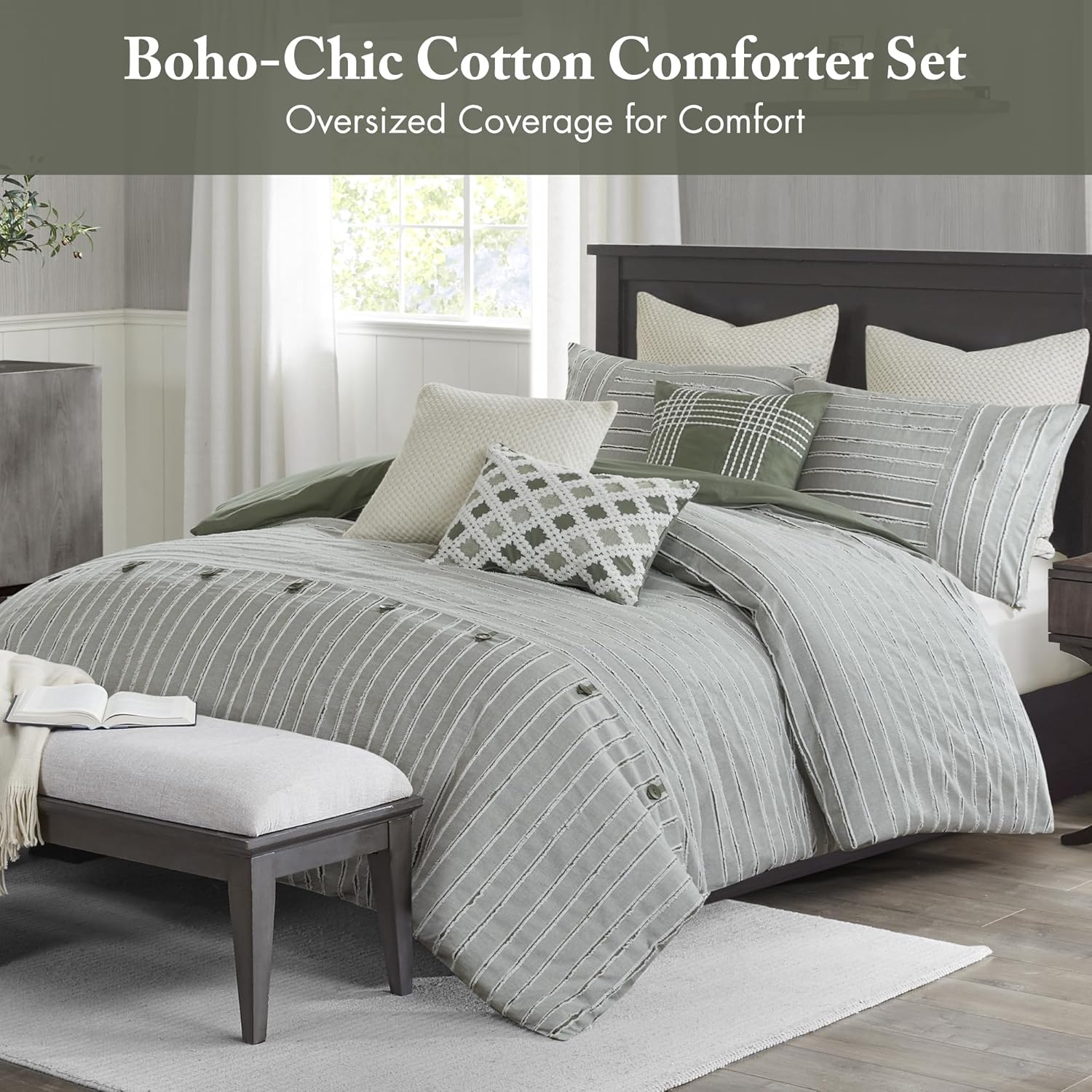 Madison Park Comforter Set Cotton Clipped Jacquard, Oversized Comforters, All Season Down Alternative Overfilled King Size Comforter, Essence, Green 9 Piece