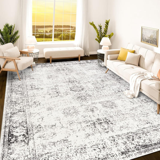 Istana 9x12 Rug - White Cream/Grey Living Room Rug - Foldable Farmhouse Rugs for Living Room - Stain Resistant Easy to Clean Washable Rugs 9x12 - Large Area Rugs Washable