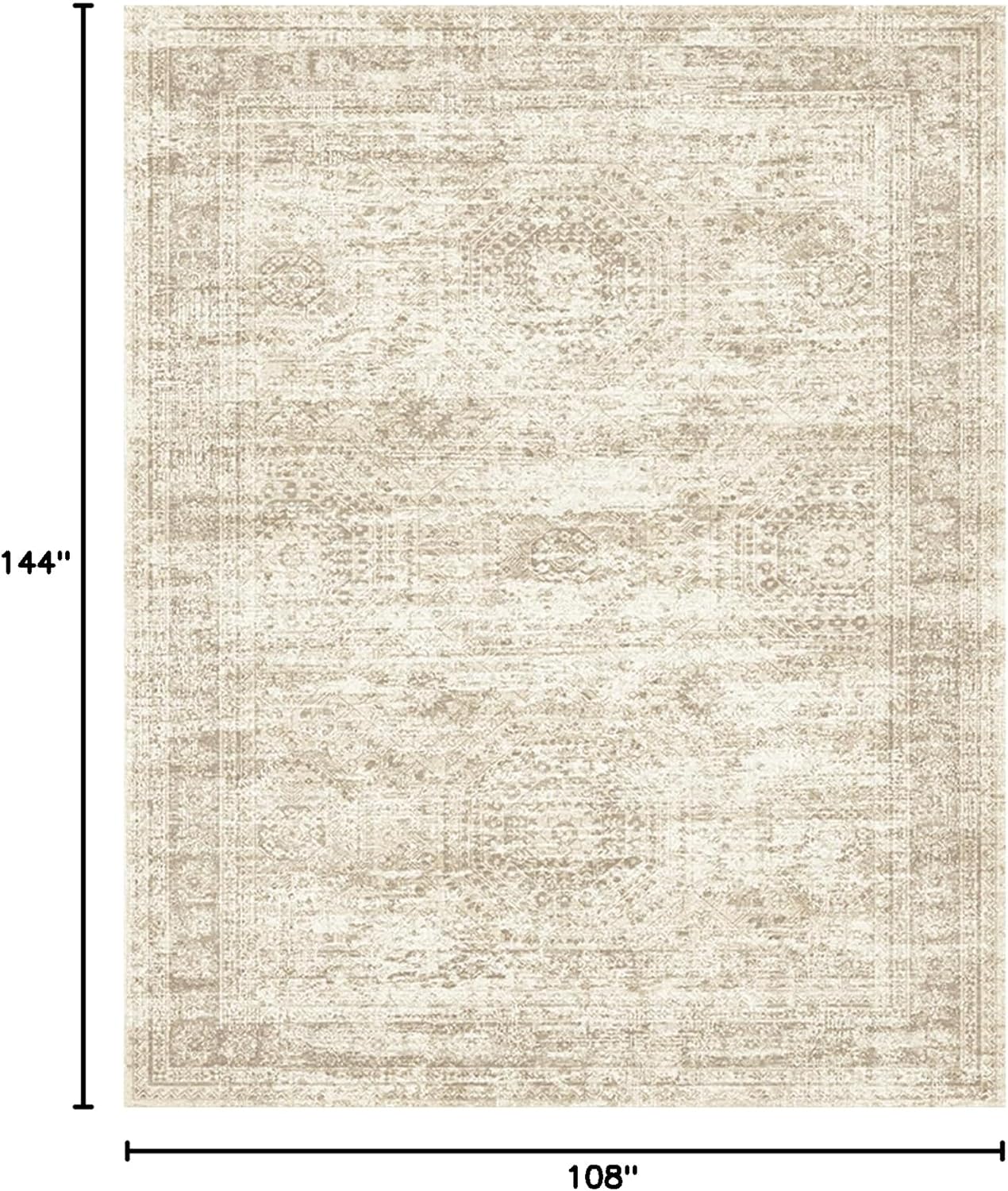 9x12 Area Rugs for Living Room, Non Slip Machine Washable Vintage Rugs, Low Pile Lightweight Large Rug for Bedroom, Dining Room, Home Office Beige