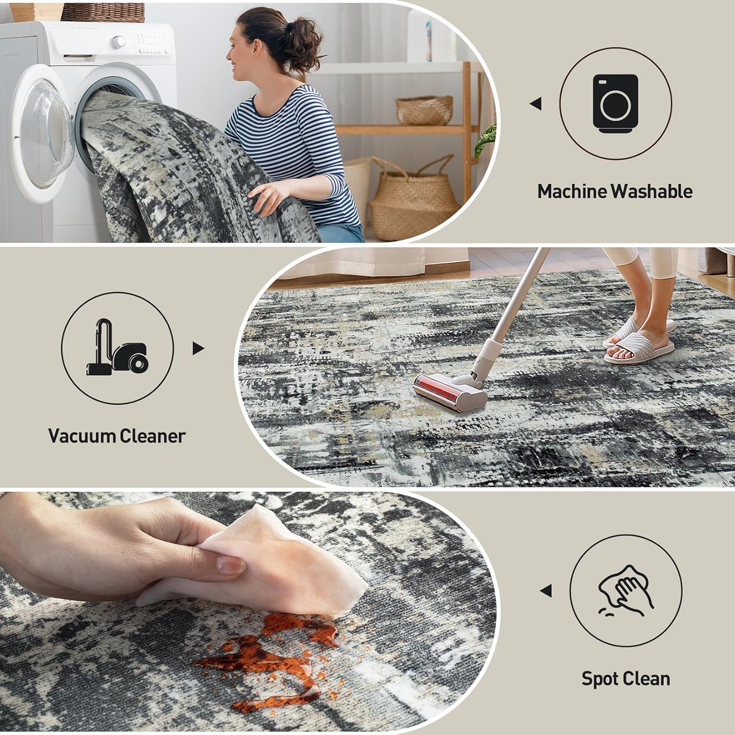 8x10 Area Rugs Washable Rug: Large Modern Abstract Living Room Rug Soft Anti-Skid Thin Carpet Indoor Floor Non-Shedding Carpets for Bedroom Dining Farmhouse Nursery Home Office Black Grey Gold