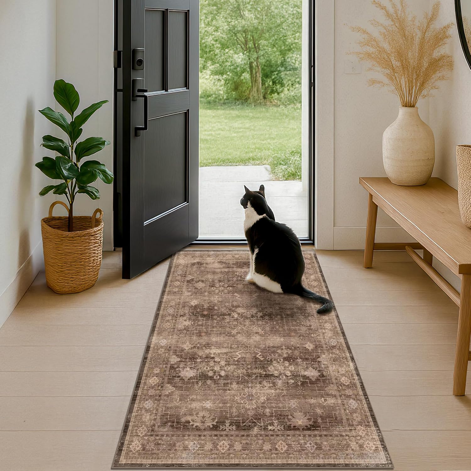 Black Farmhouse Washable 8x10 Area Rugs for Living Room, Bedroom, Dining Room Kitchen Table Rug for Under Table, Office, Dark Charcoal Tumble Stain Resistant Non-Slip Large Washable (8x10 Black/Multi)