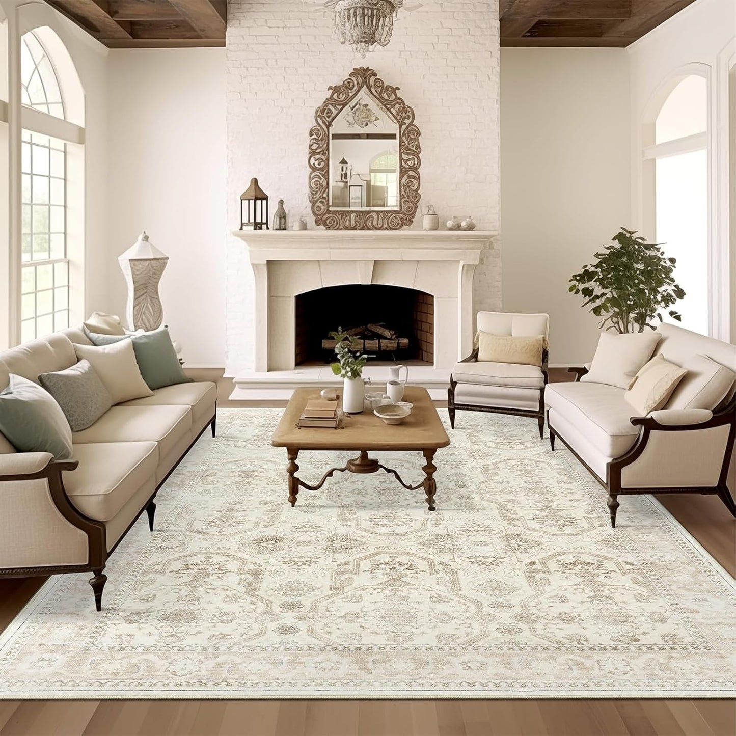 9x12 Area Rugs for Living Room, Non Slip Machine Washable Vintage Rugs, Low Pile Lightweight Large Rug for Bedroom, Dining Room, Home Office Beige