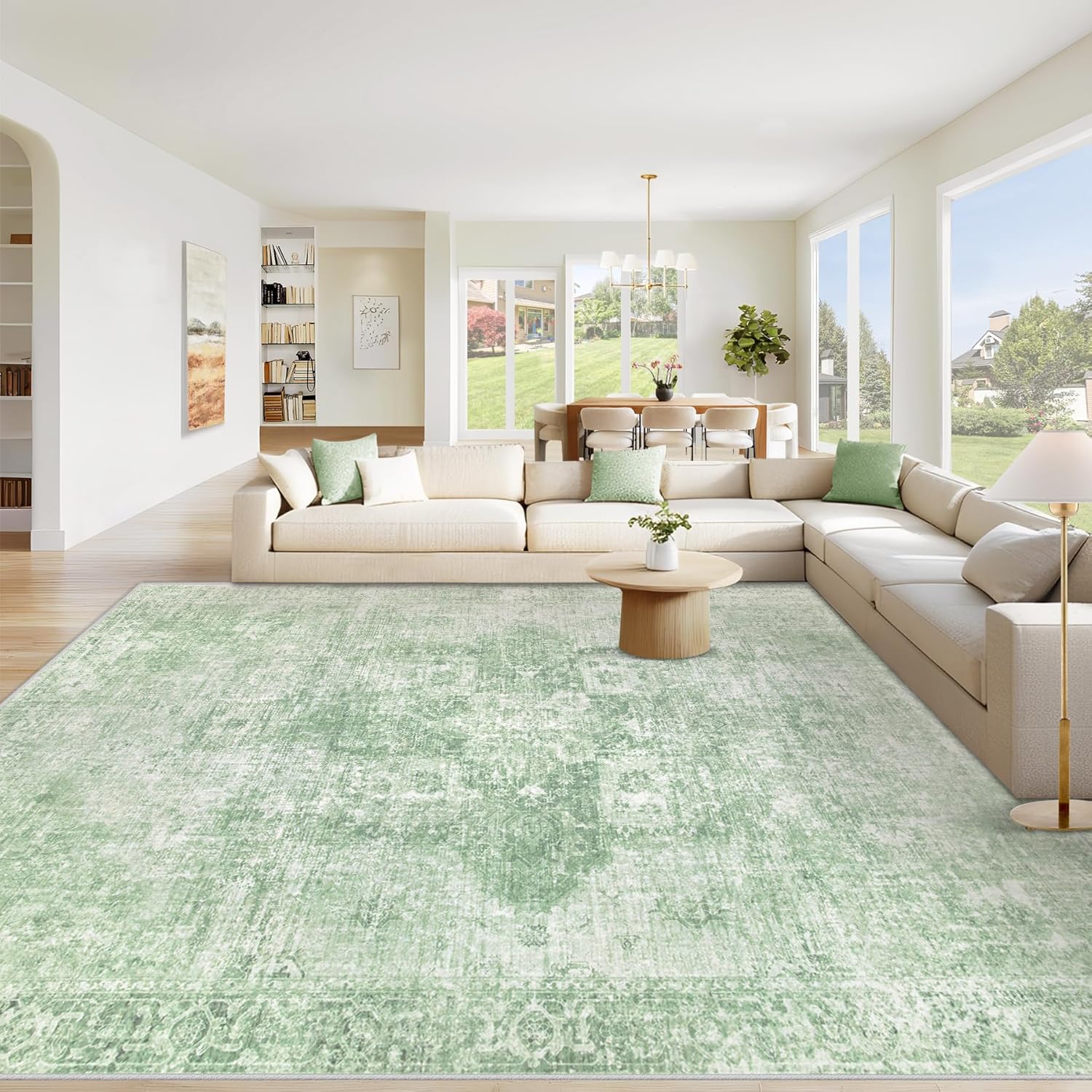 Area Rug 8x10 Washable Rug, Vintage Boho Medallion Rugs Non-Slip Soft Low Pile Large Distressed Rug Indoor Retro Carpet for Living Room Bedroom Dining Room Home Office (Beige, 8'x10')