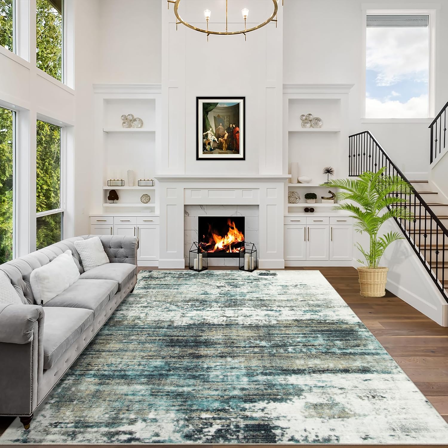 8x10 Area Rugs Washable Rug: Large Modern Abstract Living Room Rug Soft Anti-Skid Thin Carpet Indoor Floor Non-Shedding Carpets for Bedroom Dining Farmhouse Nursery Home Office Black Grey Gold