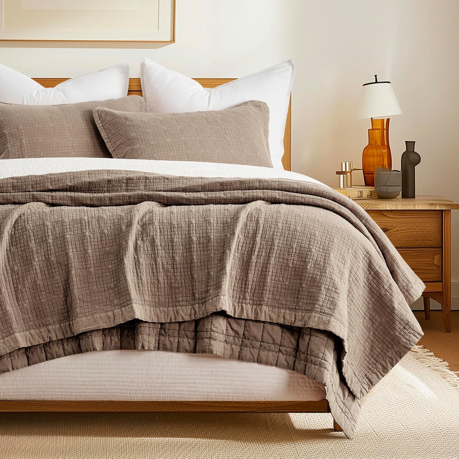 EVERGRACEHOME Stonewashed Cotton Quilt Set King Size, Ultra Soft Oversized Bedspread Coverlet Set, Lightweight Crinkle Box Stitch Bedding Sets for All Season, with 2 Shams, Mocha Brown