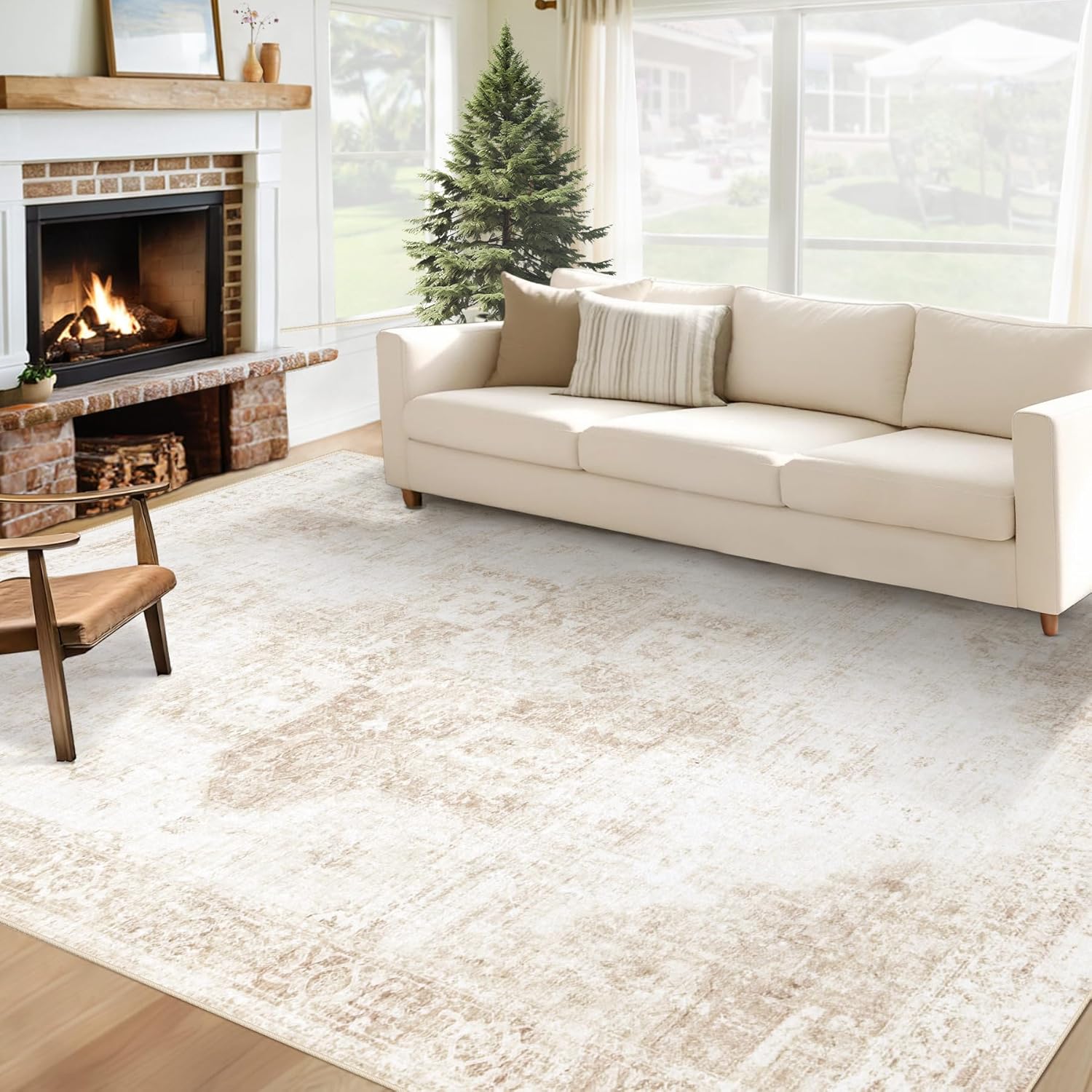 Area Rug 8x10 Washable Rug, Vintage Boho Medallion Rugs Non-Slip Soft Low Pile Large Distressed Rug Indoor Retro Carpet for Living Room Bedroom Dining Room Home Office (Beige, 8'x10')
