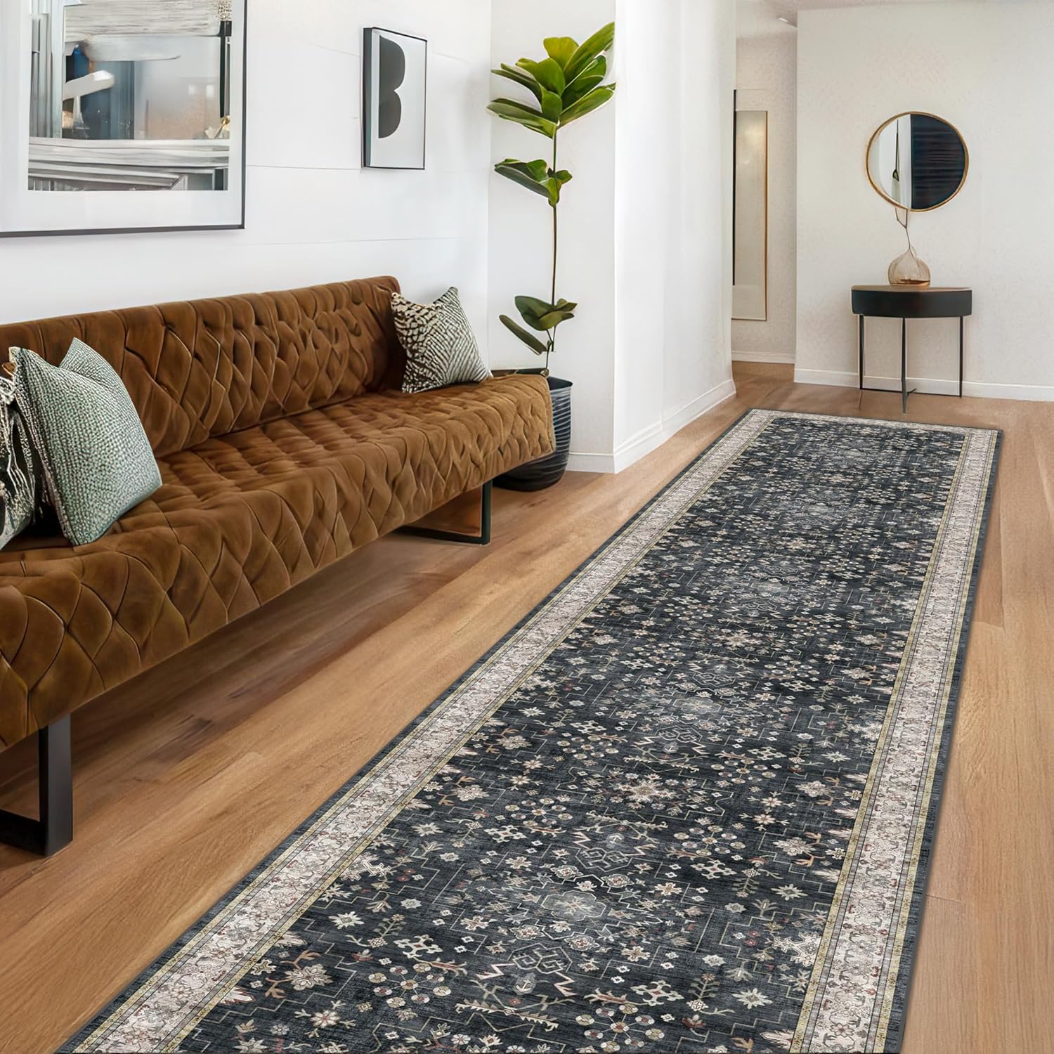 Black Farmhouse Washable 8x10 Area Rugs for Living Room, Bedroom, Dining Room Kitchen Table Rug for Under Table, Office, Dark Charcoal Tumble Stain Resistant Non-Slip Large Washable (8x10 Black/Multi)