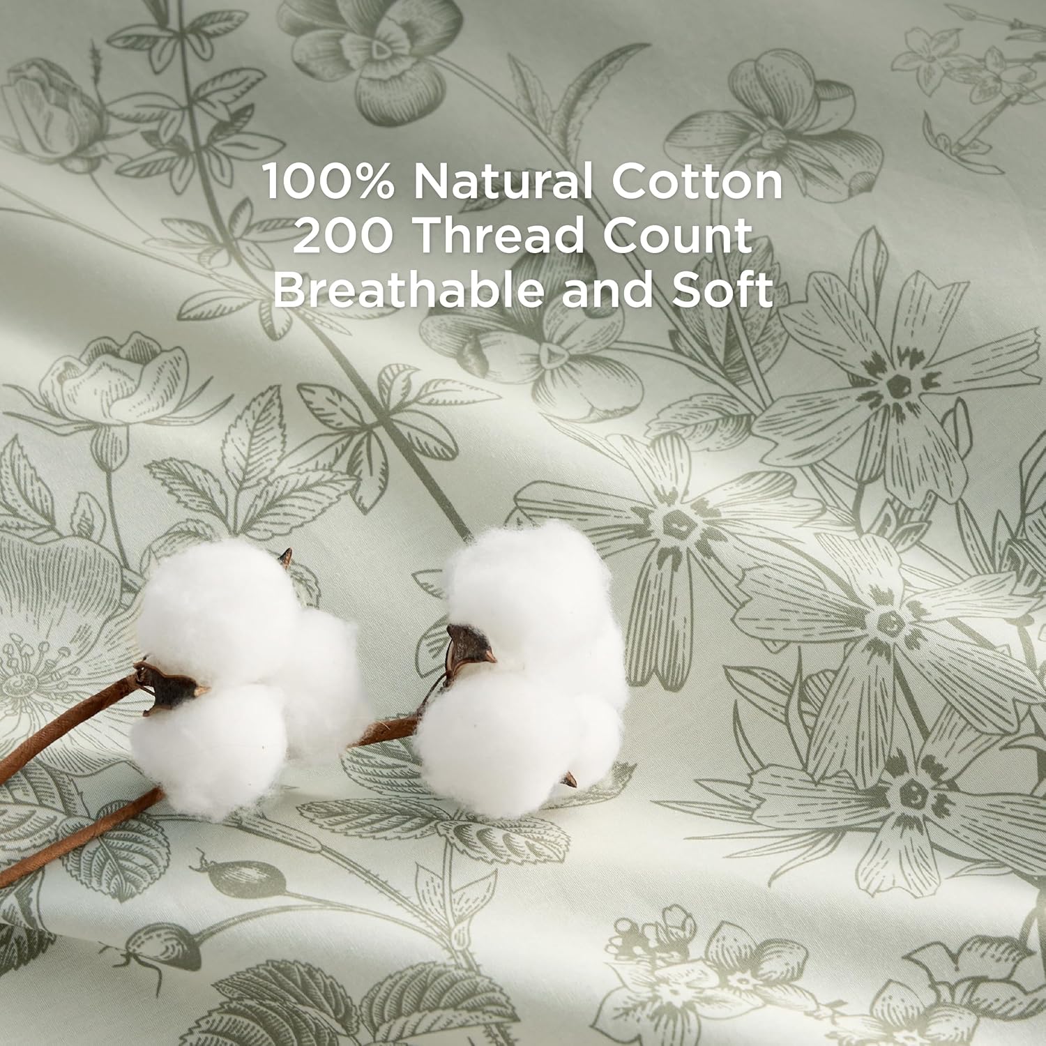 Bedsure Floral Comforter Set King Size - 100% Cotton Fabric with Microfiber Inner Fill, Sage Green Bedding Comforter Set, 3 Pieces, 1 Soft Reversible Botanical Flower Comforter and 2 Pillow Shams