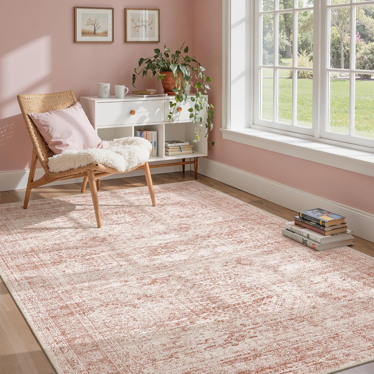 Washable Area Rug 8x10, Large Soft Rugs for Living Room Vintage Beige Carpet 8x10 Area Rugs for Bedroom Dining Room Non-Slip Stain Resistant Under Table Rug
