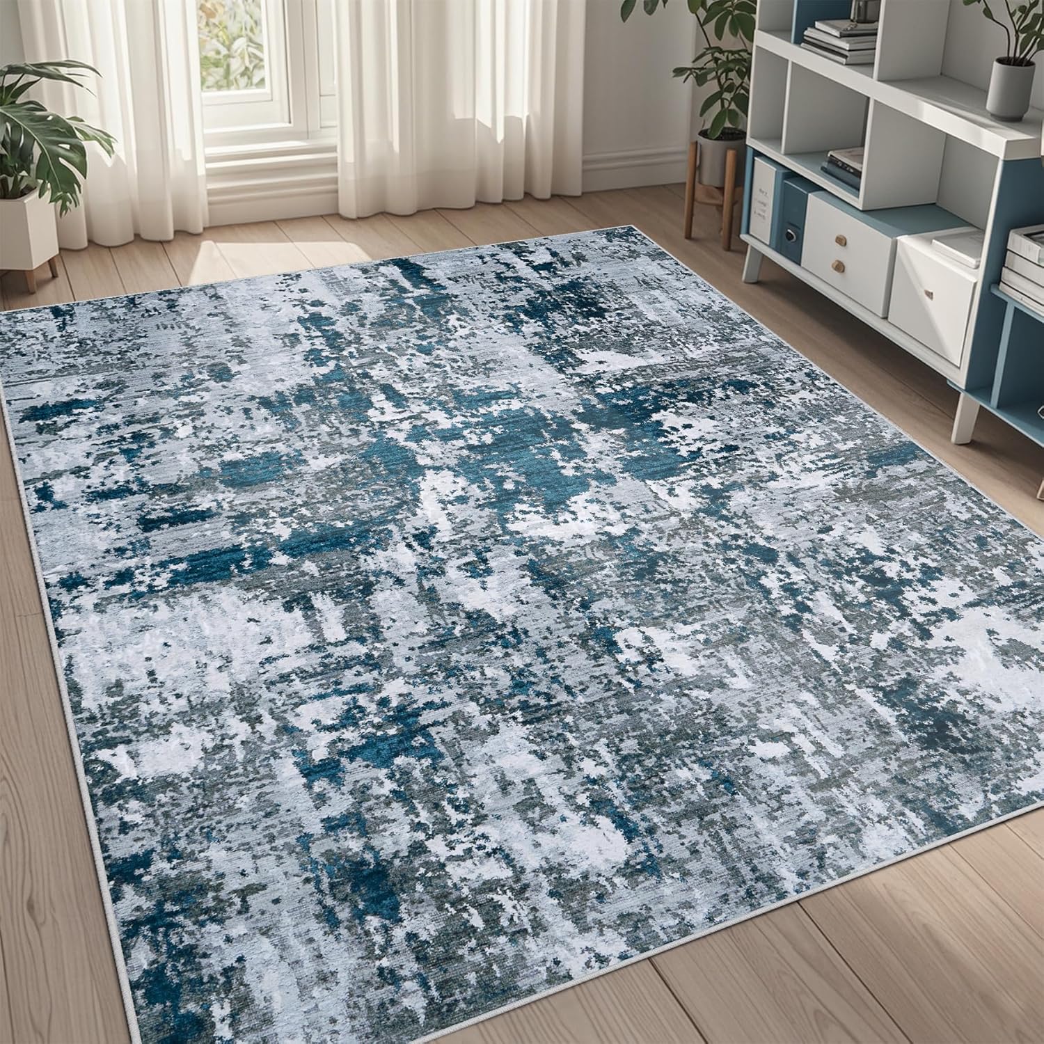 8x10 Area Rugs for Living Room Rug Washable: Abstract Large Rug for Dining Room Bedroom Carpet Non Slip 8 by 10 Indoor Modern Nursery Home Office Blue Grey