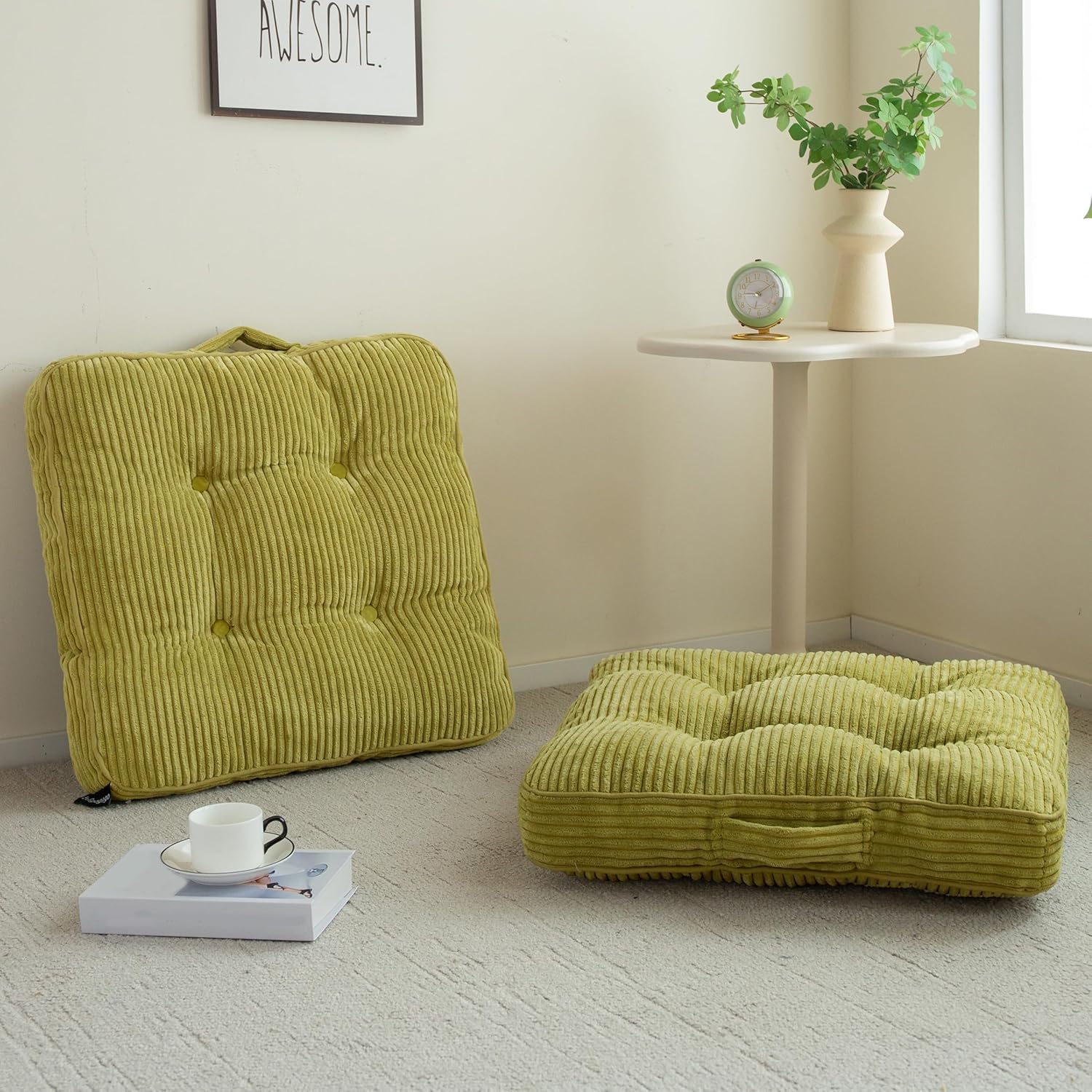 Washable Floor Pillow Cushion for Adults, Meditation Cushion Pillow, Large Square Floor Sitting, Removable Tufted Corduroy Cover, for Tatami Living Room or Yoga, 22x22 Inch, 2Pack, Machine Washable