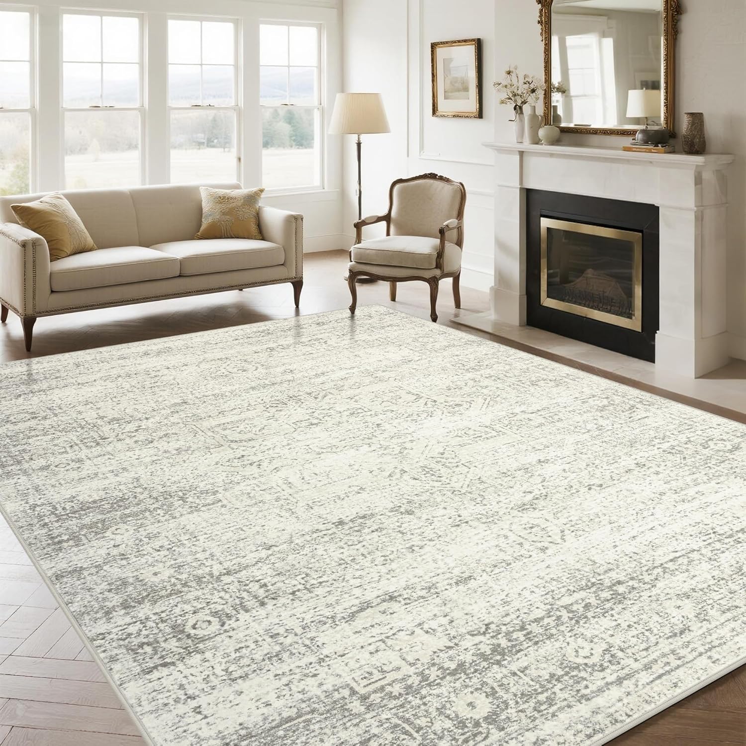 Washable Rugs 8x10 Area Rugs for Living Room,Ultra Soft Faux Wool Retro Rugs for Bedroom,Dining Room,Non Slip&Non-Shedding Low Pile Vintage Print Rug Indoor Large Carpets for Home Office Decor