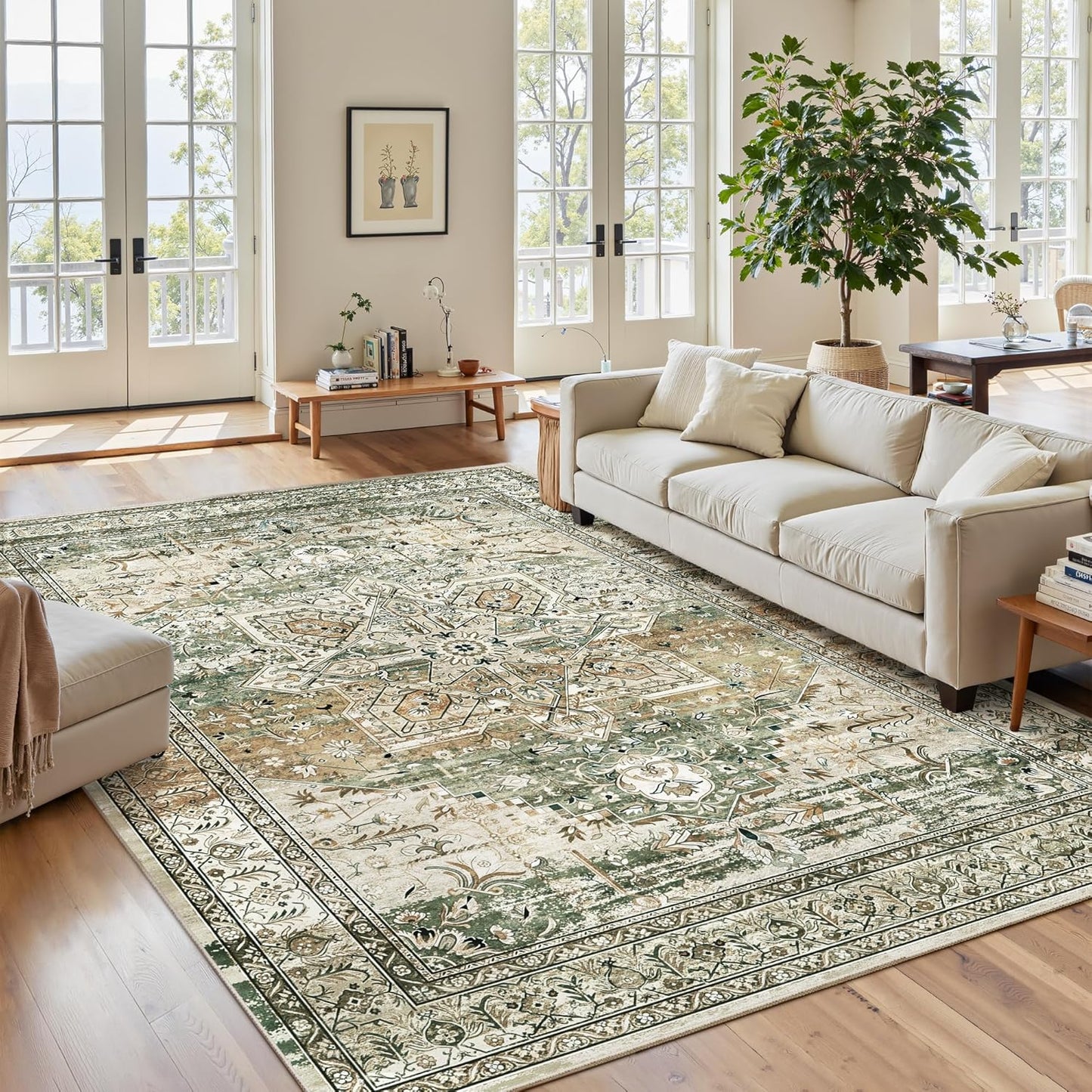 9x12 Area Rugs for Living Room, Non Slip Machine Washable Vintage Rugs, Low Pile Lightweight Large Rug for Bedroom, Dining Room, Home Office Beige