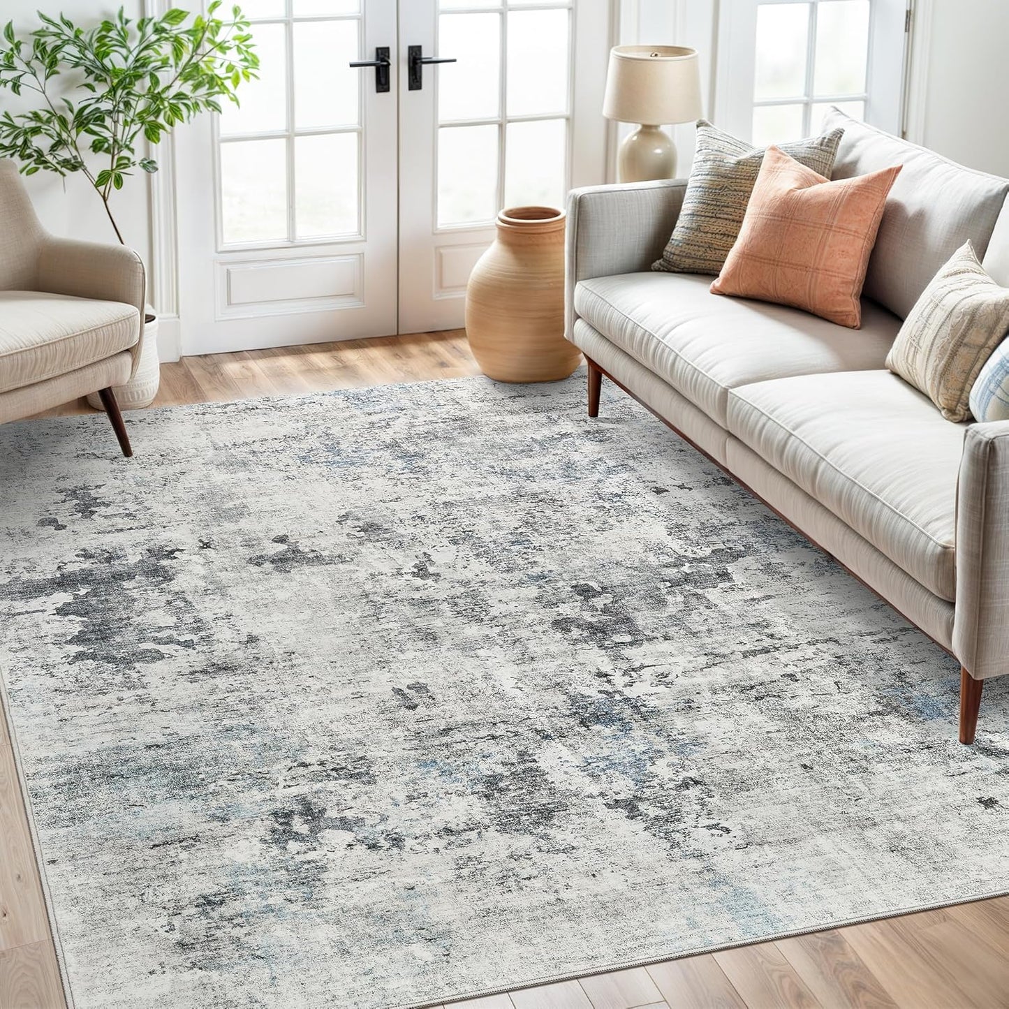 9x12 Area Rugs for Living Room, Non Slip Machine Washable Vintage Rugs, Low Pile Lightweight Large Rug for Bedroom, Dining Room, Home Office Beige