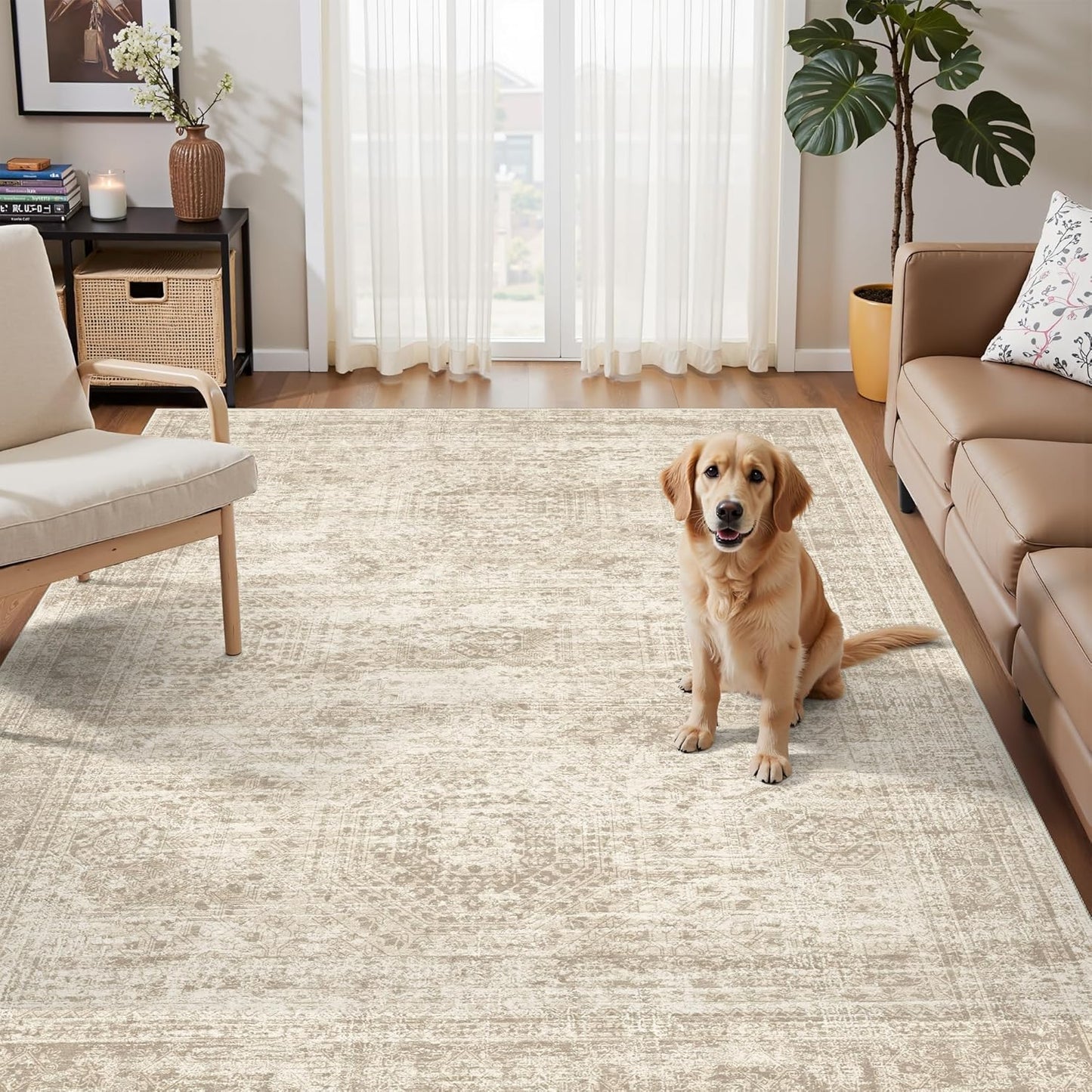 9x12 Area Rugs for Living Room, Non Slip Machine Washable Vintage Rugs, Low Pile Lightweight Large Rug for Bedroom, Dining Room, Home Office Beige