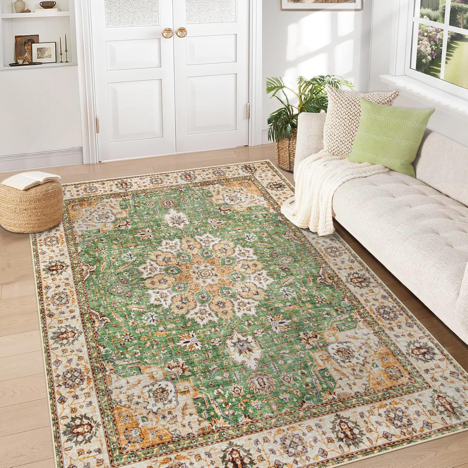 Area Rug 8x10 Washable Rug, Vintage Boho Medallion Rugs Non-Slip Soft Low Pile Large Distressed Rug Indoor Retro Carpet for Living Room Bedroom Dining Room Home Office (Beige, 8'x10')