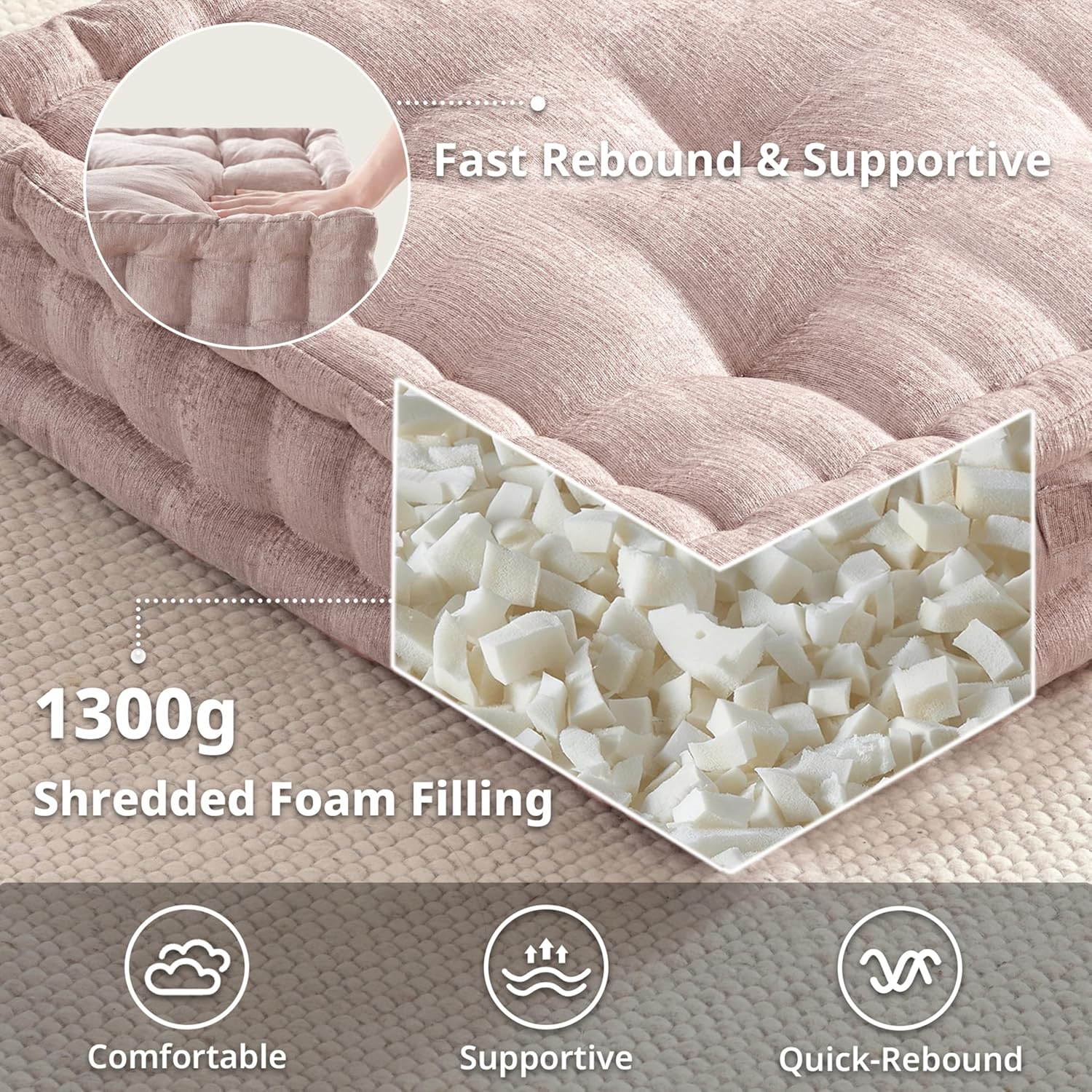 Intelligent Design Large Floor Pillow for Adults Yoga or Meditation Cushion with Handle, Floor Cushion for Board Games, Lustrous Chenille Tufted, Handsewn Scalloped Edge, Azza, 24" x 24" x 5" Blush