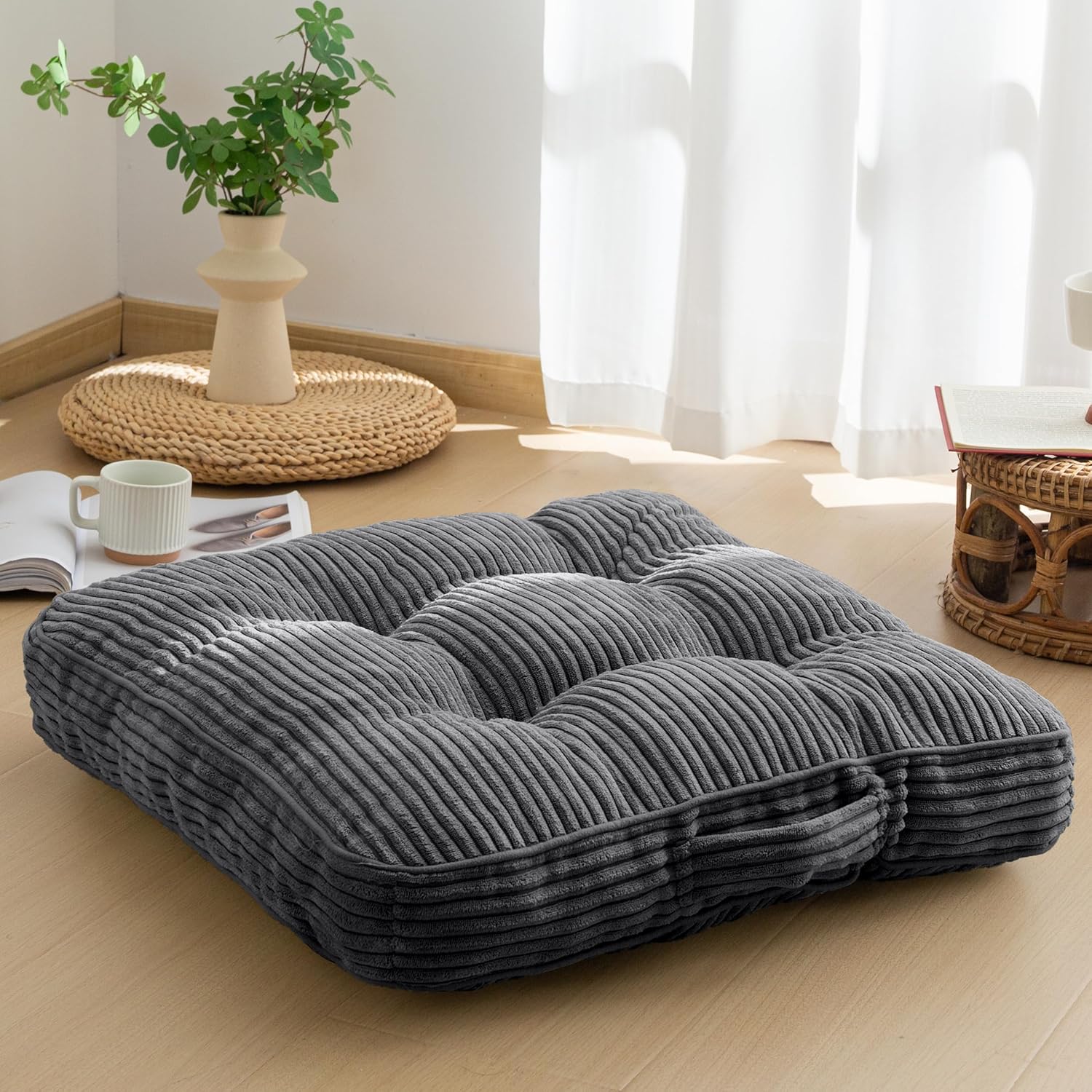 Washable Floor Pillow Cushion for Adults, Meditation Cushion Pillow, Large Square Floor Sitting, Removable Tufted Corduroy Cover, for Tatami Living Room or Yoga, 22x22 Inch, 2Pack, Machine Washable