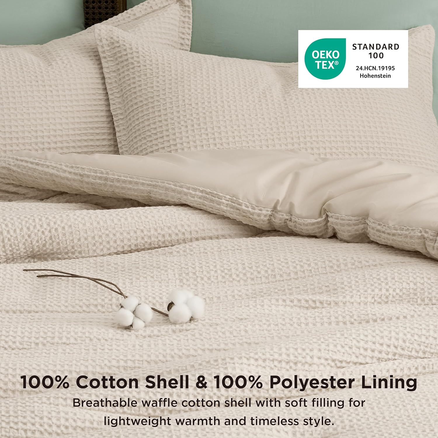 Bedsure Waffle Comforter Set King, Beige Soft Bedding, Waffle Weave Bed Set, 3 Pieces, 1 Comforter (104"x90") and 2 Pillow Shams, Cotton Shell and Polyester Lining for All Seasons