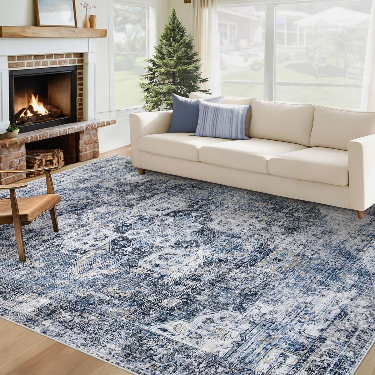 Area Rug 8x10 Washable Rug, Vintage Boho Medallion Rugs Non-Slip Soft Low Pile Large Distressed Rug Indoor Retro Carpet for Living Room Bedroom Dining Room Home Office (Beige, 8'x10')