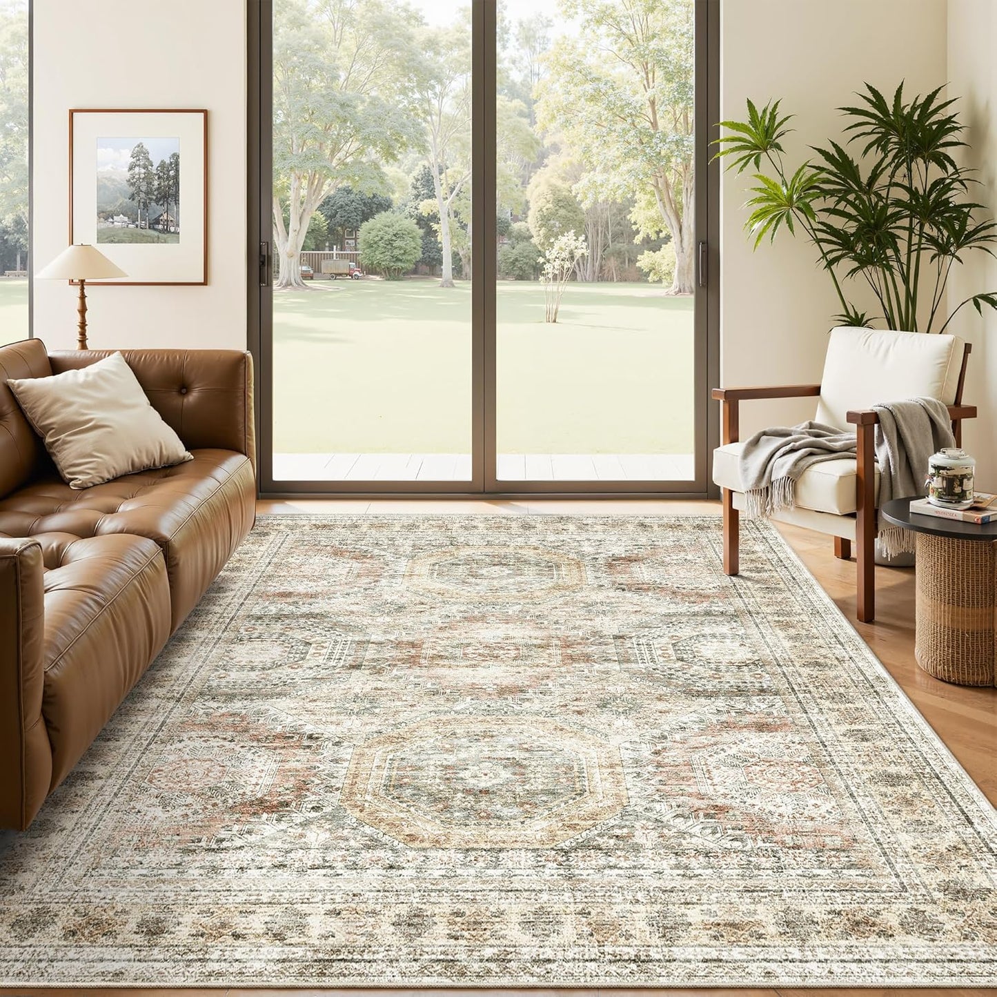 9x12 Area Rugs for Living Room, Non Slip Machine Washable Vintage Rugs, Low Pile Lightweight Large Rug for Bedroom, Dining Room, Home Office Beige