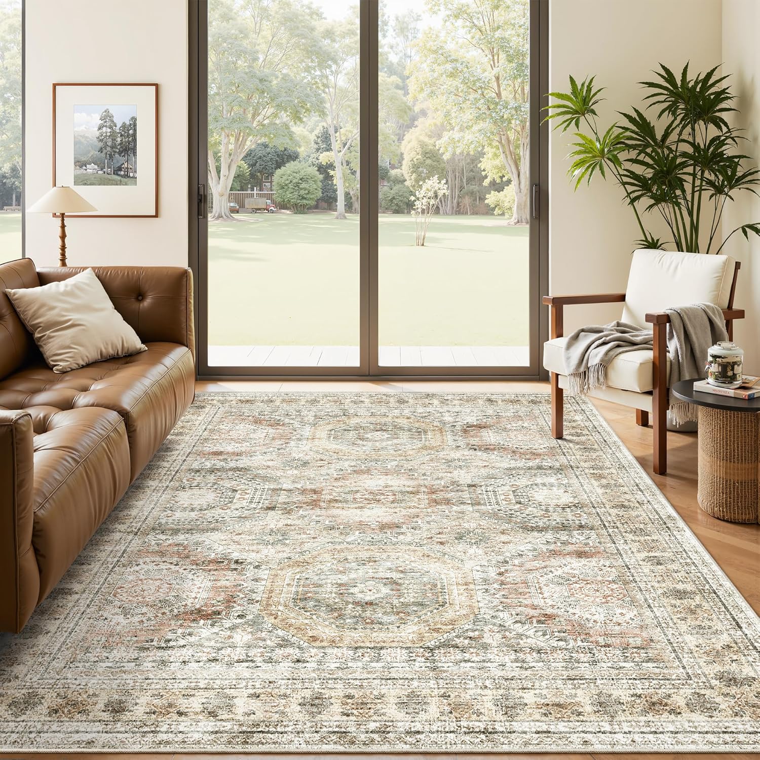 Washable Area Rug 8x10, Large Soft Rugs for Living Room Vintage Beige Carpet 8x10 Area Rugs for Bedroom Dining Room Non-Slip Stain Resistant Under Table Rug