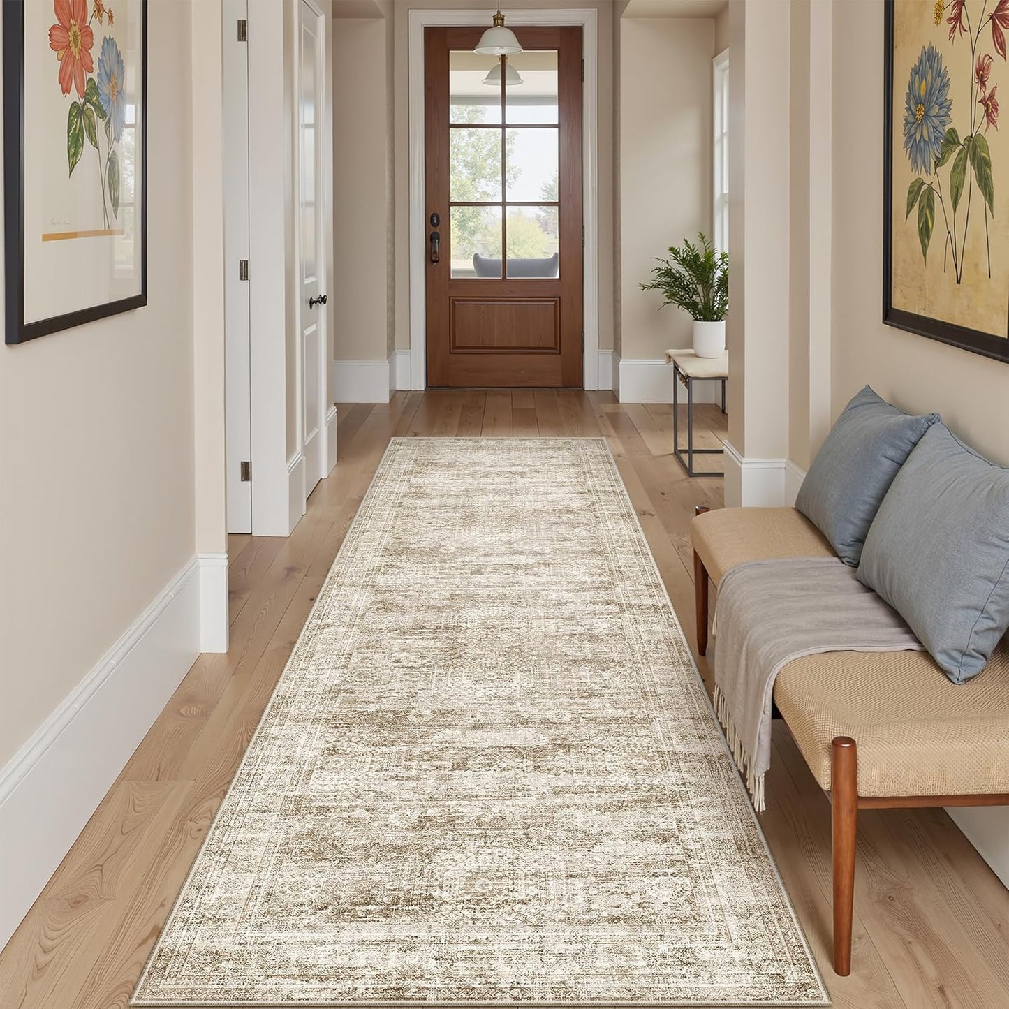 9x12 Area Rugs for Living Room, Non Slip Machine Washable Vintage Rugs, Low Pile Lightweight Large Rug for Bedroom, Dining Room, Home Office Beige