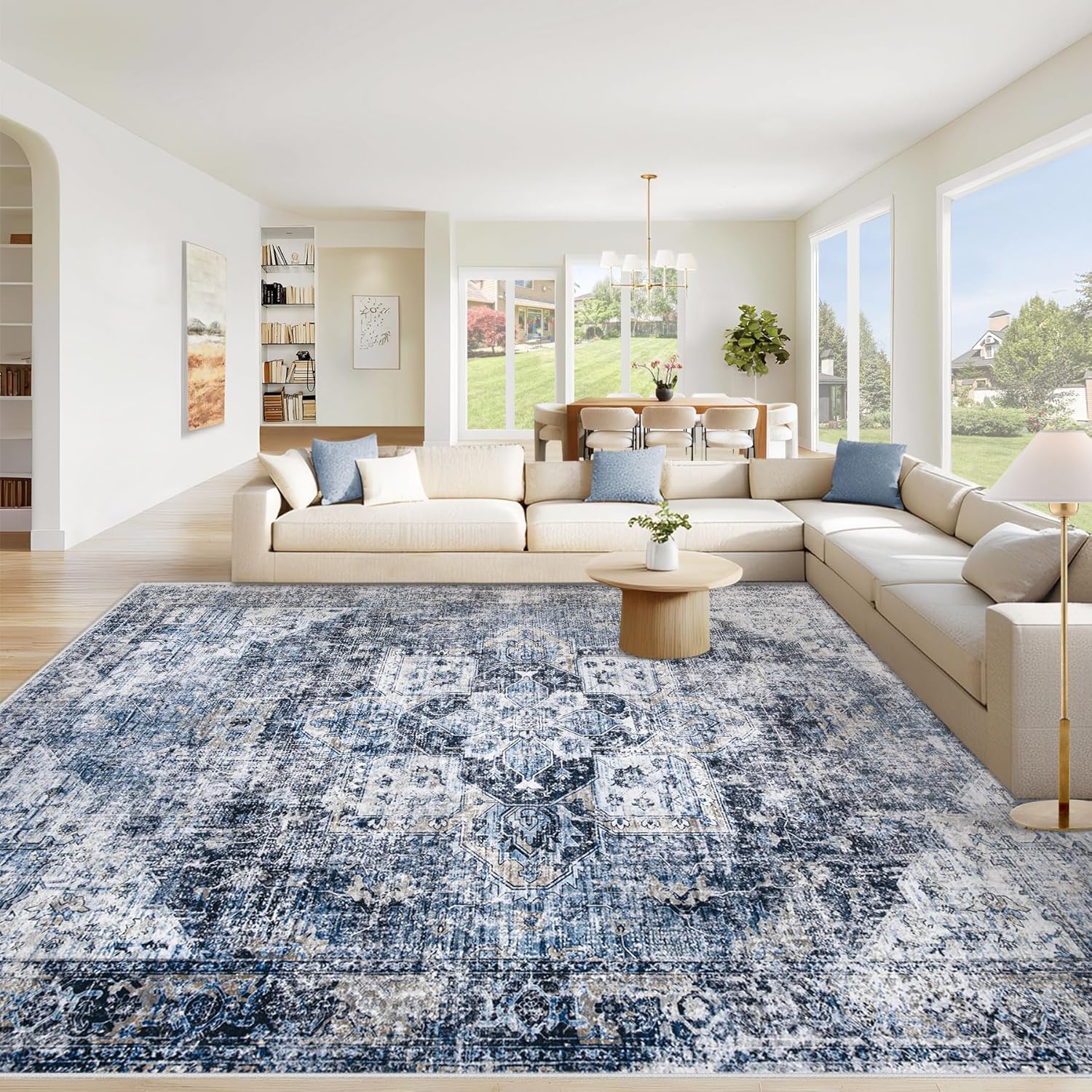 Area Rug 8x10 Washable Rug, Vintage Boho Medallion Rugs Non-Slip Soft Low Pile Large Distressed Rug Indoor Retro Carpet for Living Room Bedroom Dining Room Home Office (Beige, 8'x10')