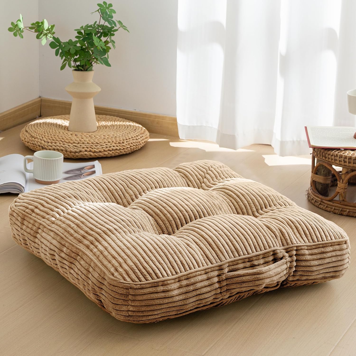 Washable Floor Pillow Cushion for Adults, Meditation Cushion Pillow, Large Square Floor Sitting, Removable Tufted Corduroy Cover, for Tatami Living Room or Yoga, 22x22 Inch, 2Pack, Machine Washable