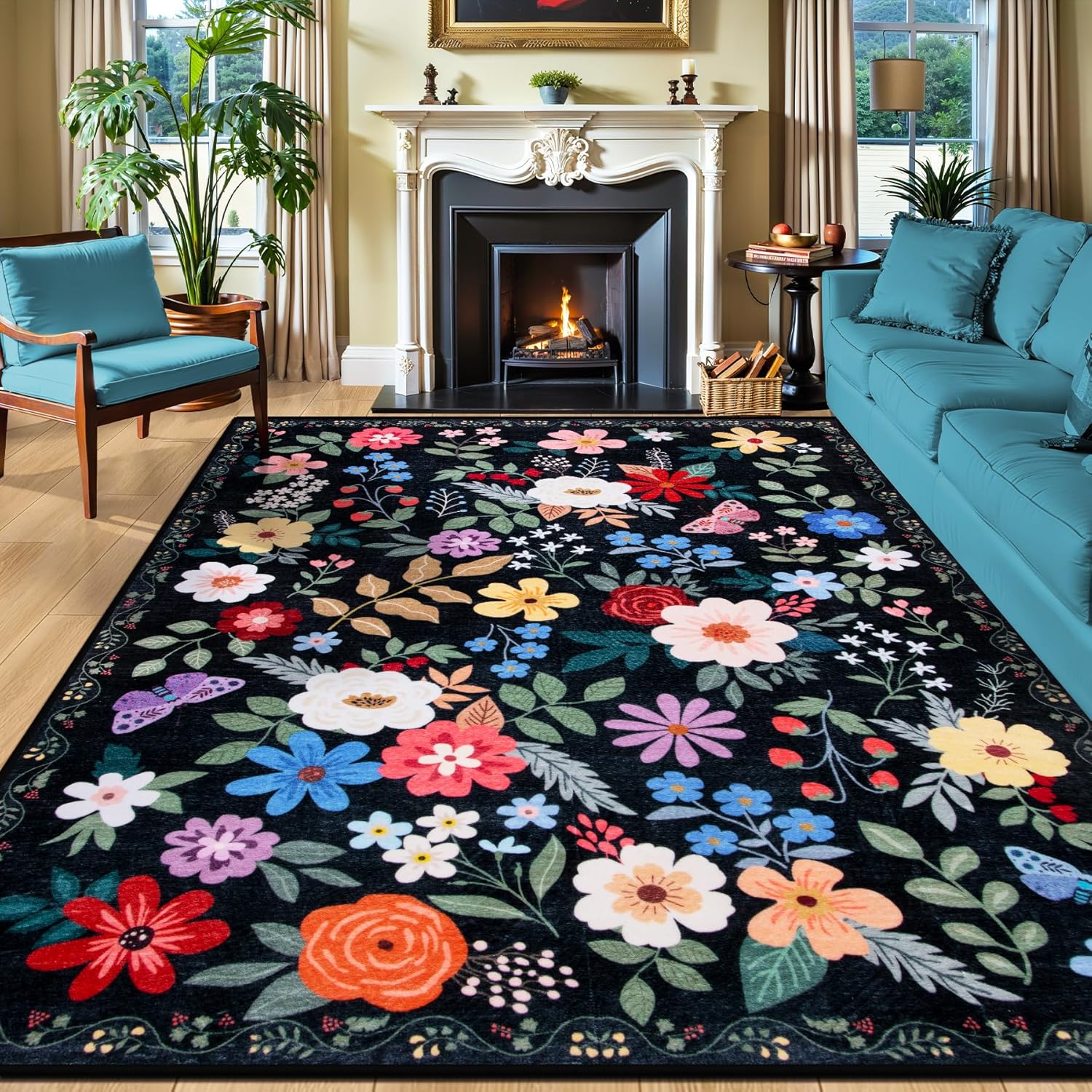 8x10 Area Rugs for Living Room: Floral Washable Rug Vintage Large Soft Boho Non-Slip Carpet Indoor Floor Stain Resistant Carpets for Bedroom Dining Room Farmhouse Nursery Home Office Dark Green