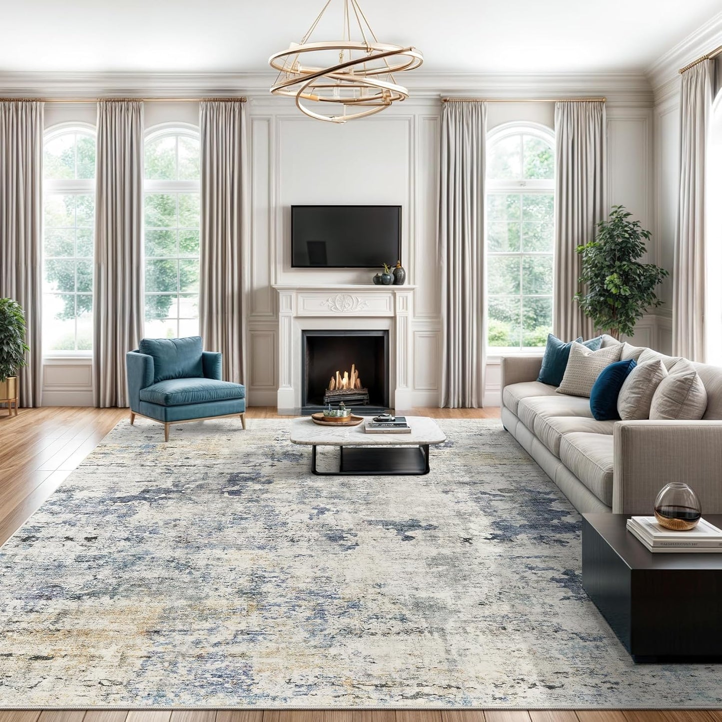 9x12 Area Rugs for Living Room, Non Slip Machine Washable Vintage Rugs, Low Pile Lightweight Large Rug for Bedroom, Dining Room, Home Office Beige