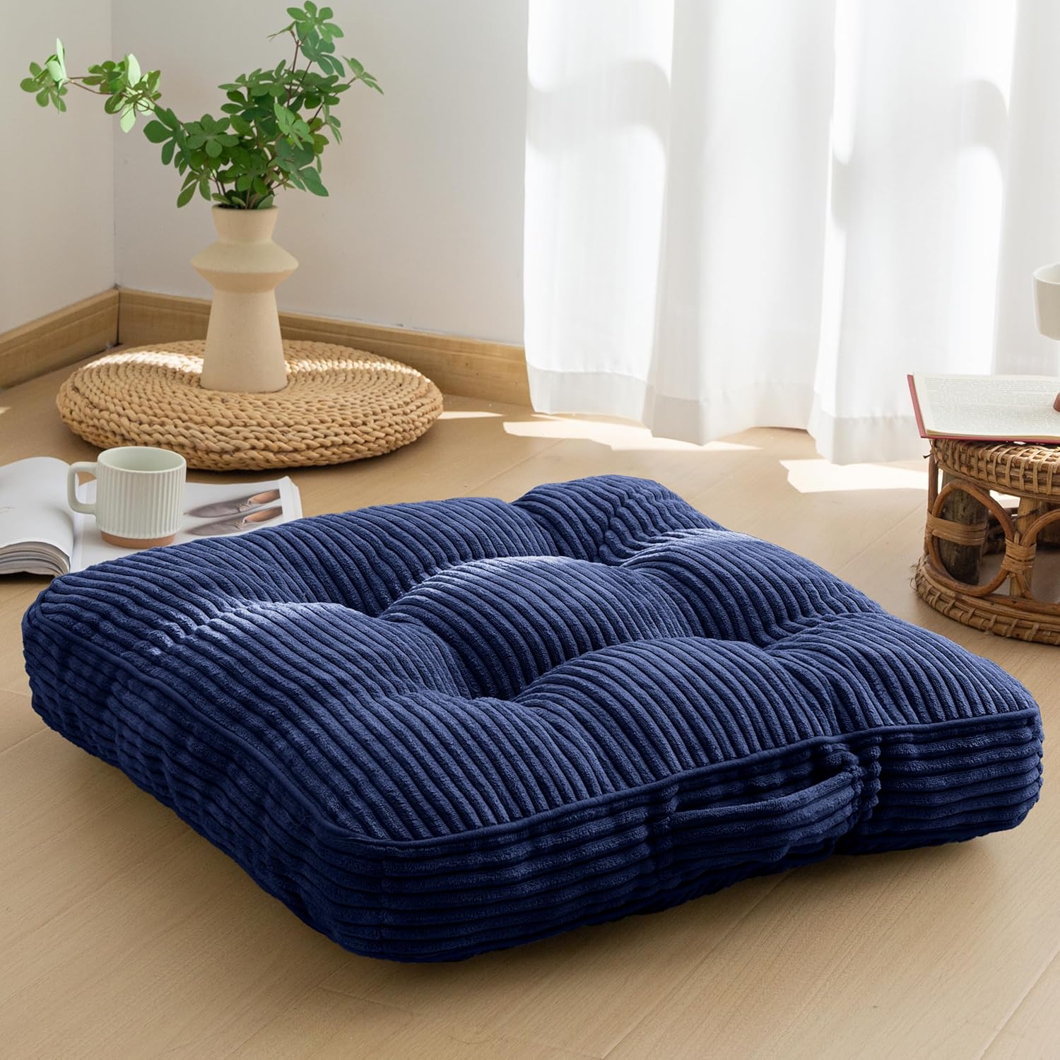 Washable Floor Pillow Cushion for Adults, Meditation Cushion Pillow, Large Square Floor Sitting, Removable Tufted Corduroy Cover, for Tatami Living Room or Yoga, 22x22 Inch, 2Pack, Machine Washable
