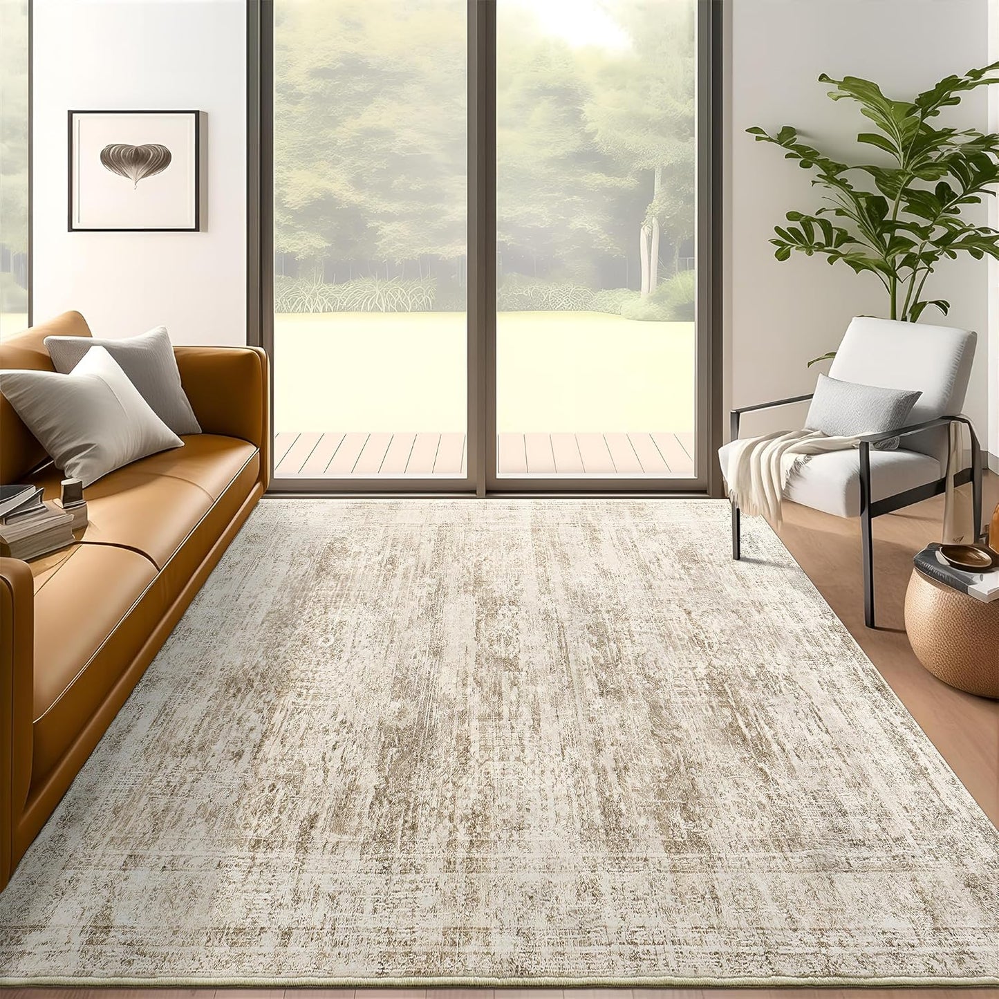 9x12 Area Rugs for Living Room, Non Slip Machine Washable Vintage Rugs, Low Pile Lightweight Large Rug for Bedroom, Dining Room, Home Office Beige