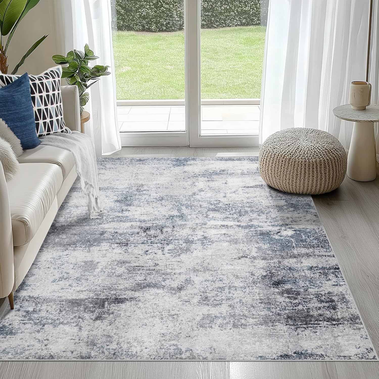 8x10 Area Rugs for Living Room Rug Washable: Abstract Large Rug for Dining Room Bedroom Carpet Non Slip 8 by 10 Indoor Modern Nursery Home Office Blue Grey