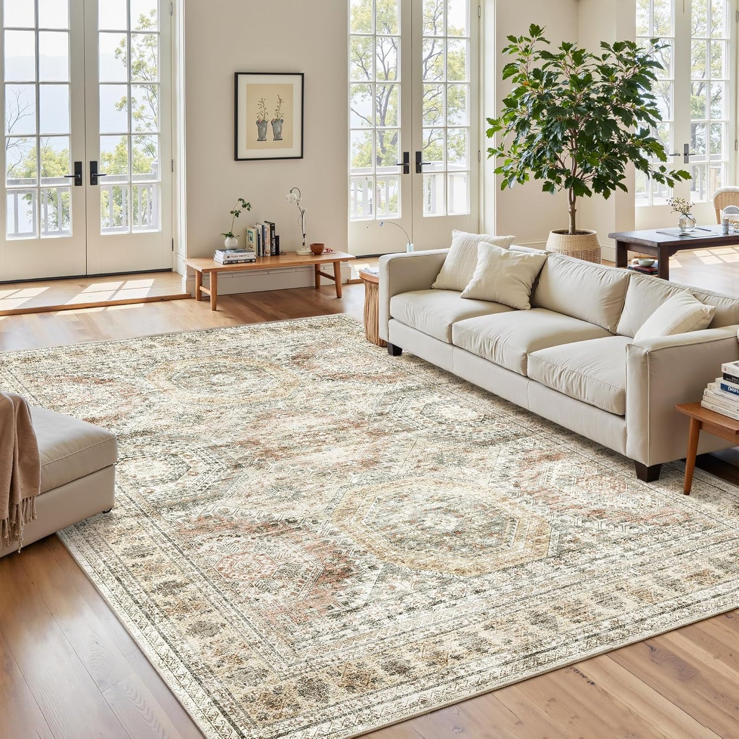 9x12 Area Rugs for Living Room, Non Slip Machine Washable Vintage Rugs, Low Pile Lightweight Large Rug for Bedroom, Dining Room, Home Office Beige