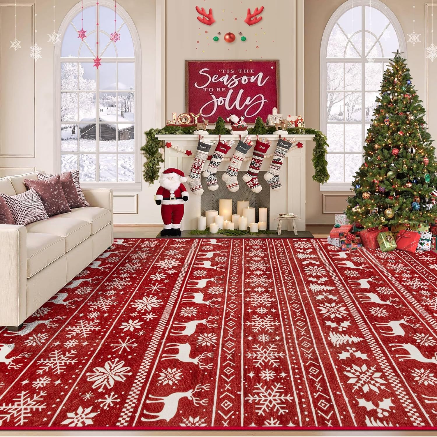 Area Rug 8x10 Washable Rug, Vintage Boho Medallion Rugs Non-Slip Soft Low Pile Large Distressed Rug Indoor Retro Carpet for Living Room Bedroom Dining Room Home Office (Beige, 8'x10')